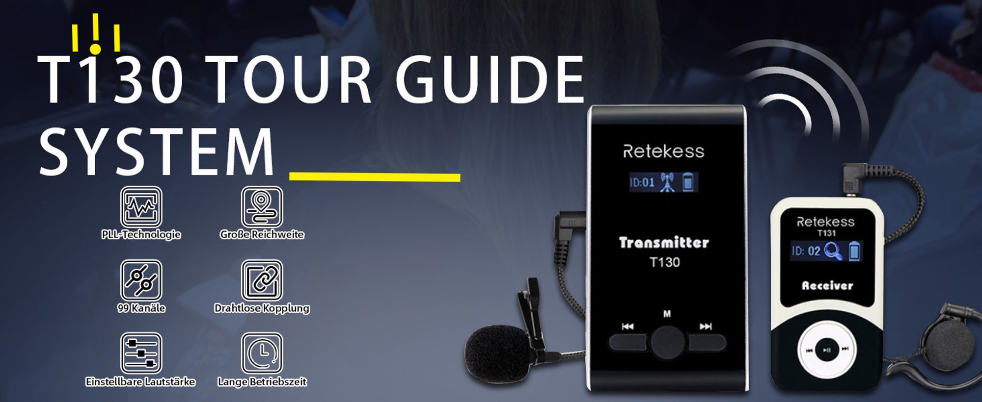 Retekess T130-T131 Tour guide System,60 Meter,99 Kanäle,18H,mit Mikrofon, PLL-Technologie, Geeignet für Reisebüros,Schulungen, Schulbesuche