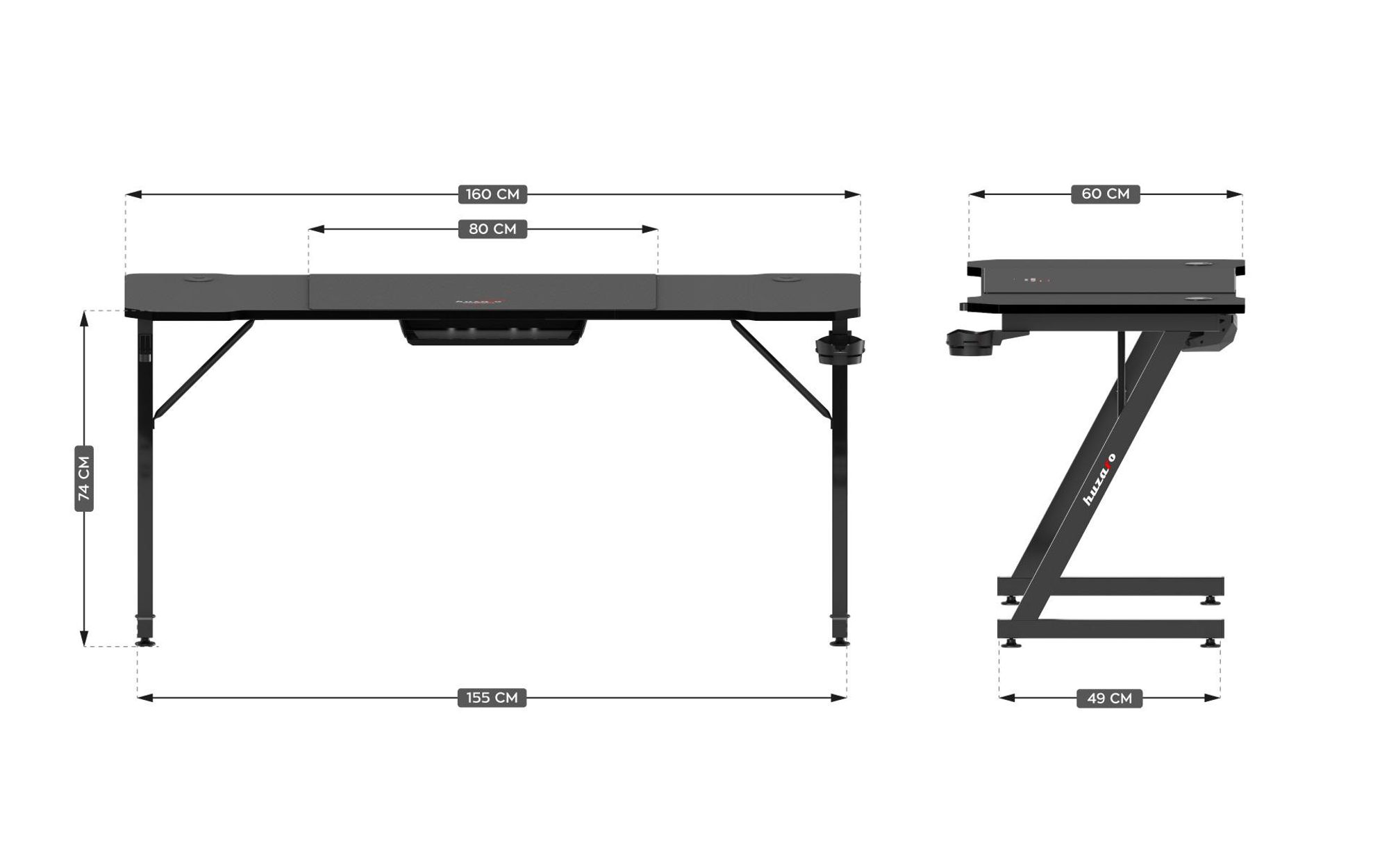 huzaro Hero 4.8 | Gaming PC Tisch Schreibtisch | Inklusive Mauspad | Kopfhörerhaken Getränkehalter | Kabelorganisator | 160x60cm | Schwarz