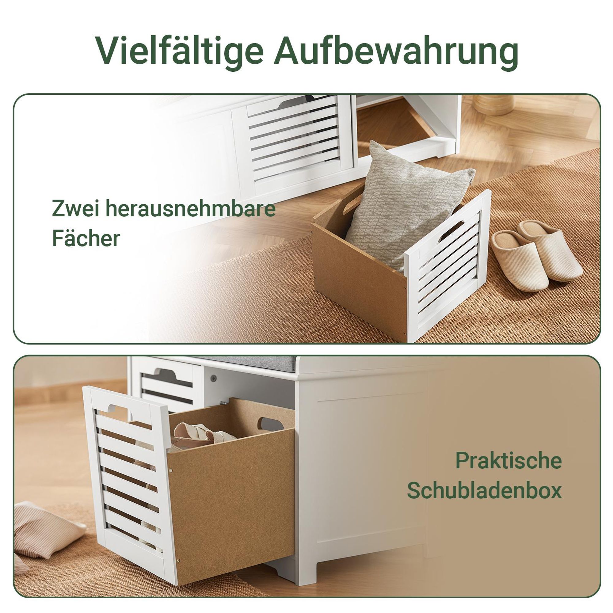 SoBuy Schuhbank mit Sitzkissen & 2 Körben Sitzbank für Flur mit Stauraum und herausnehmbaren Aufbewahrungskörben Schuhregal aus Bambus & MDF FSR23-K-W