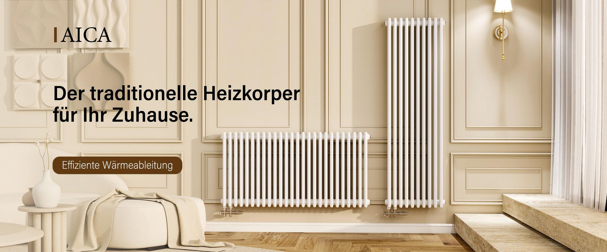 AICA Traditioneller Heizkörper 600 x 1460 mm Gusseisenstil 3 Spalten mit Seitenanschluss Weiß 2169W