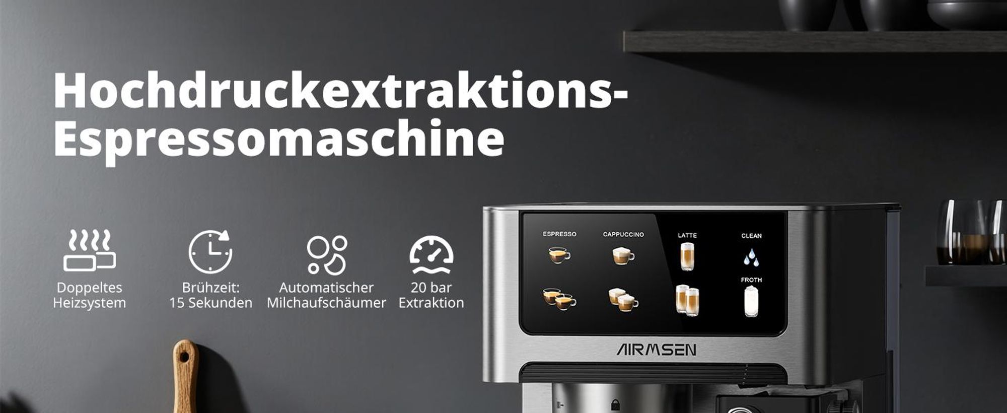 AIRMSEN Espressomaschine,20Bar,mit Milchsystem,Kaffeemaschine mit Touchscreen,Heiß-und Kalt-Extraktion,Bedienung per Knopfdruck,automatische Reinigung