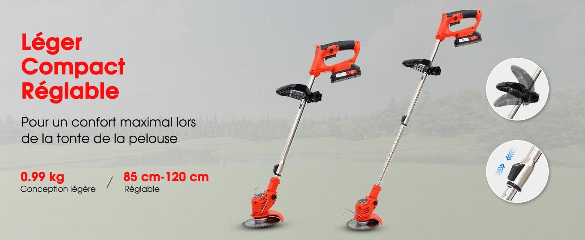 OUTIGO Debroussailleuse Electrique sans Fil, Débroussailleuse à Gazon sans balais avec 2 Batteries et 4 Lames avec poignée réglable