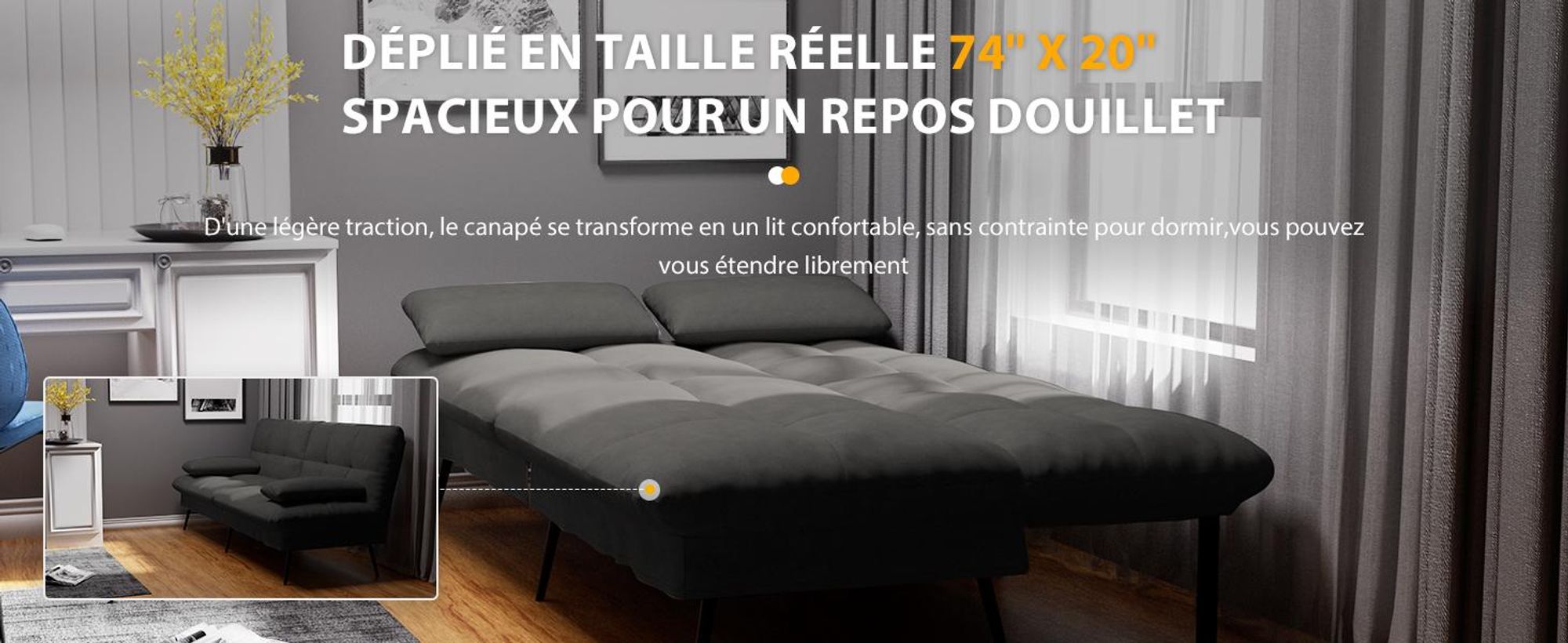 COMHOMA Canapé convertible avec fonction sommeil, housse Futon Canapé pliant, canapé-lit, canapé d'angle, canapé-lit d'appoint, canapé 3 places, avec dossier réglable en tissu, noir