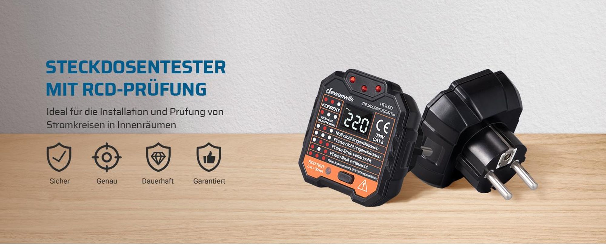 DEWENWILS Strommessgeräte mit RCD-Prüfung, Steckdosentester, spannungsprüfer, Stromprüfer, FI Test