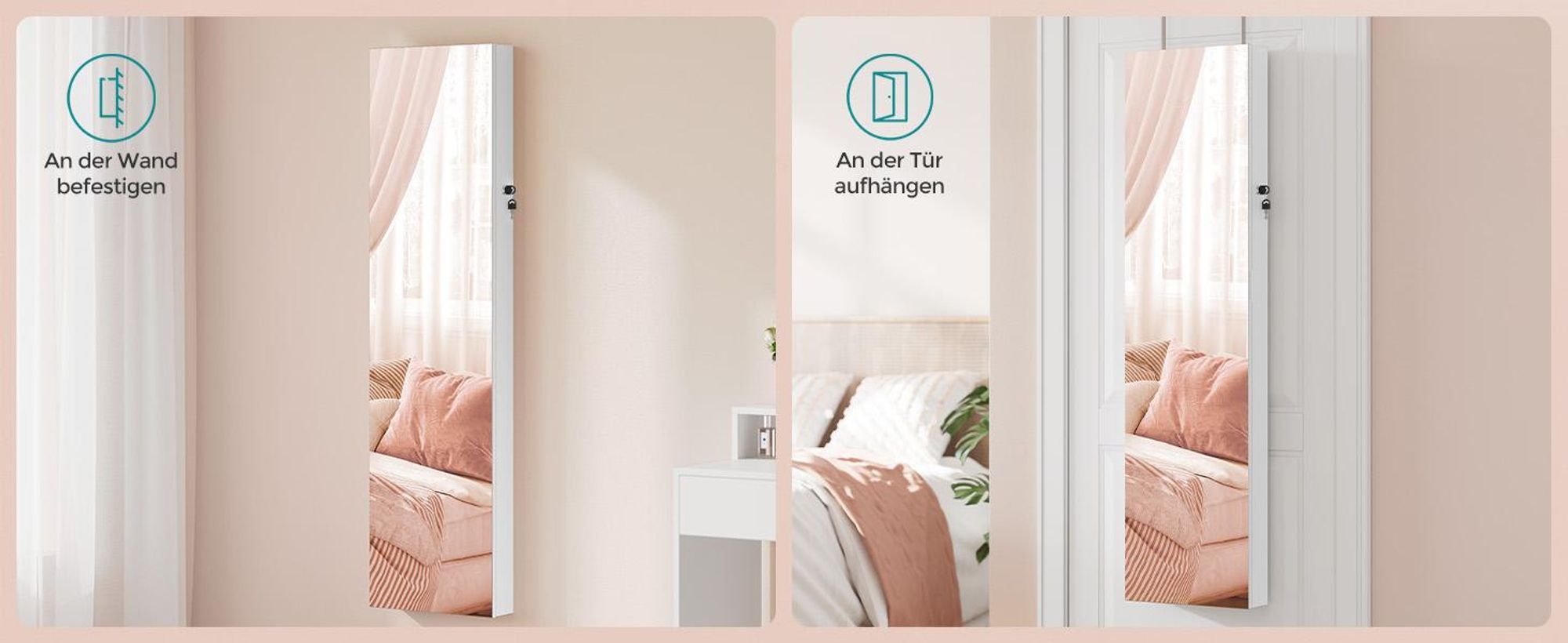 SONGMICS Schmuckschrank 140 cm hoch, Schmuckorganizer mit beleuchtetem Innenspiegel, Spiegelschrank wand- oder türmontiert, abschließbar