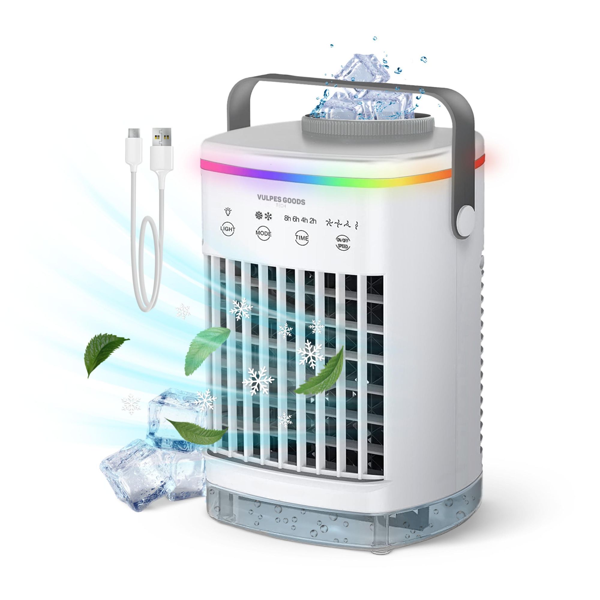 Vulpes Goods Mini-Klimaanlage, Mobile Klimaanlage, Luftkühler 4-in-1, 4 Windgeschwindigkeiten, 2 Luftbefeuchtungsmodi, Timer, Auslaufsicher
