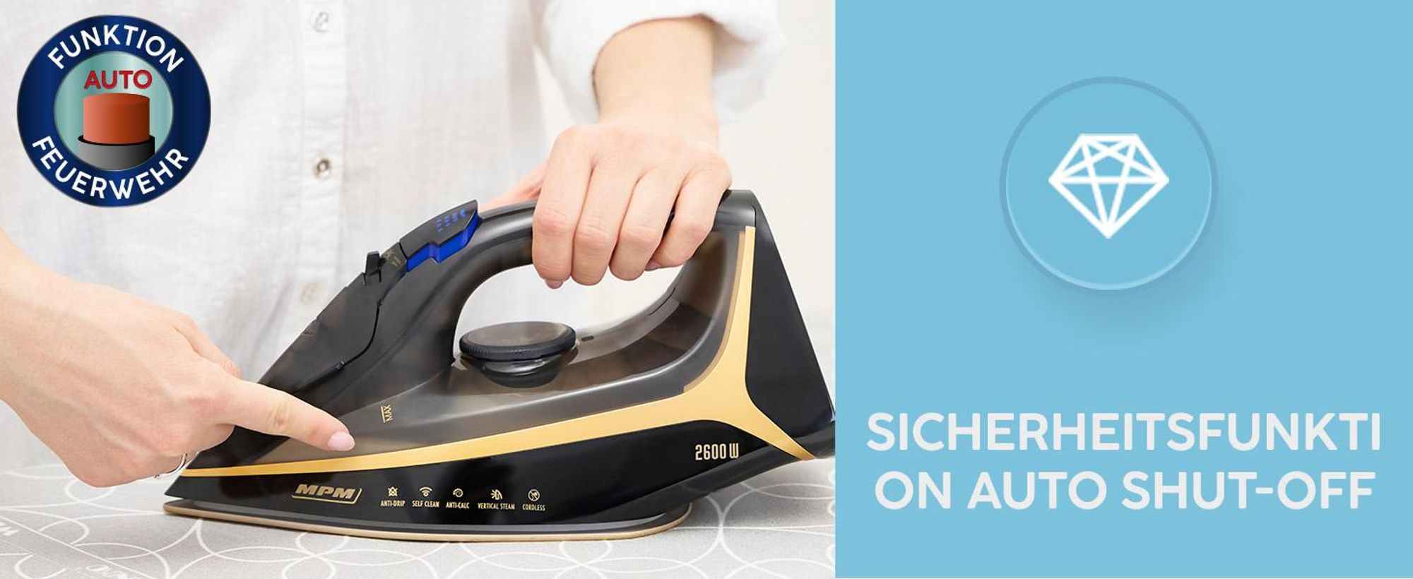MPM MZE-26 Kabelloses Dampfbügeleisen 2600W Keramiksohle 42 Dampfdüsen Anti-Drip Anti-Calc Self-Clean 300ml Wassertank Temperaturregelung