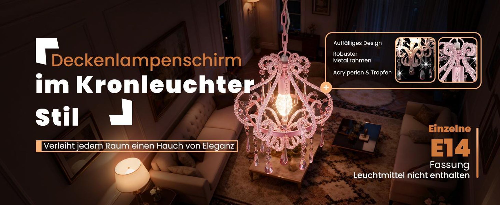 vidaXL Deckenleuchte mit Perlen Rosa Rund E14