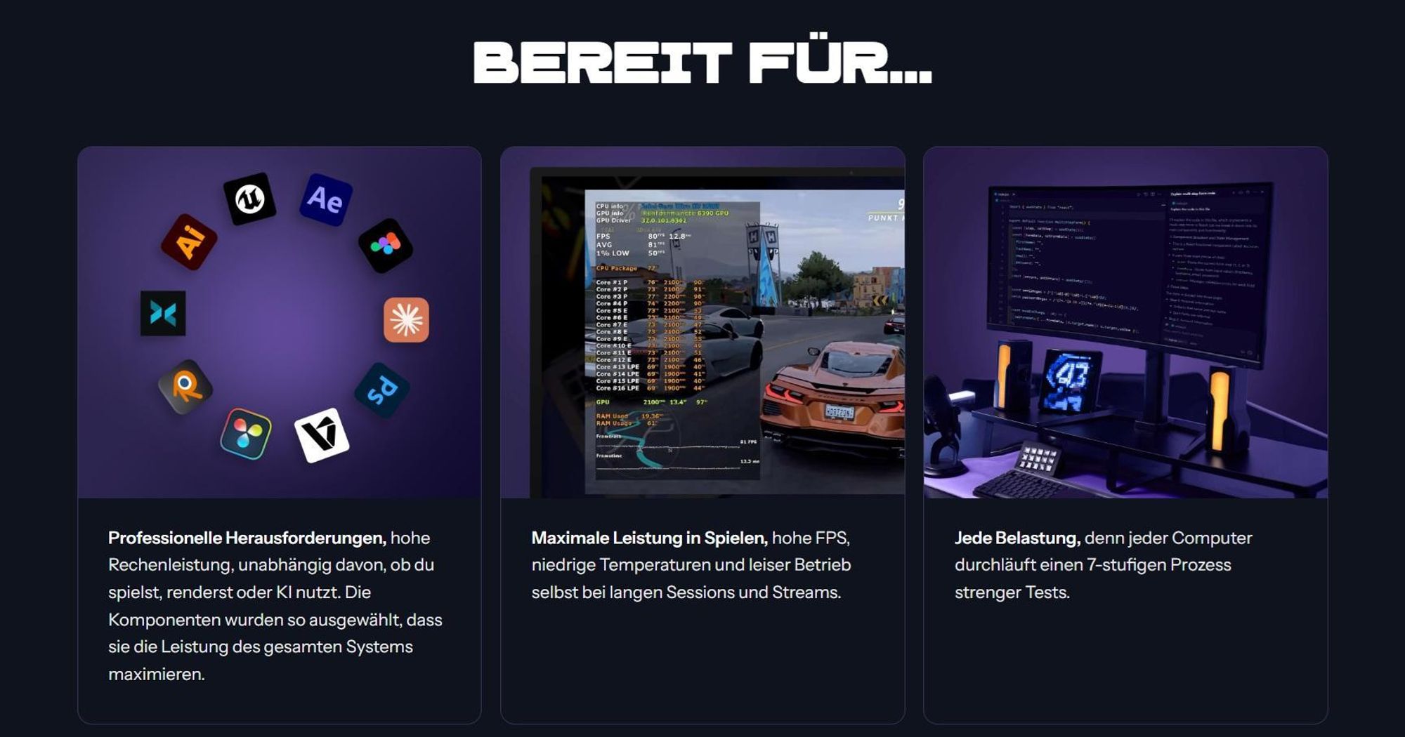 Drei Grafiken mit violettem Farbstich, die Apps ein Rennspiel und einen Monitor darstellen