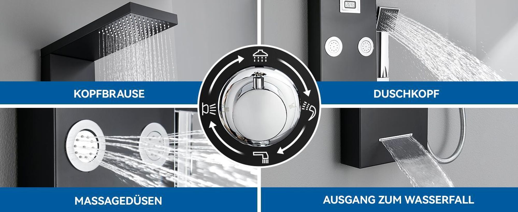 Auralum Multifunktion Duschpaneel Schwarz Duschset Edelstahl Duschsäule Regendusche mit Massagedüsen Handbrause und Überkopfdusche