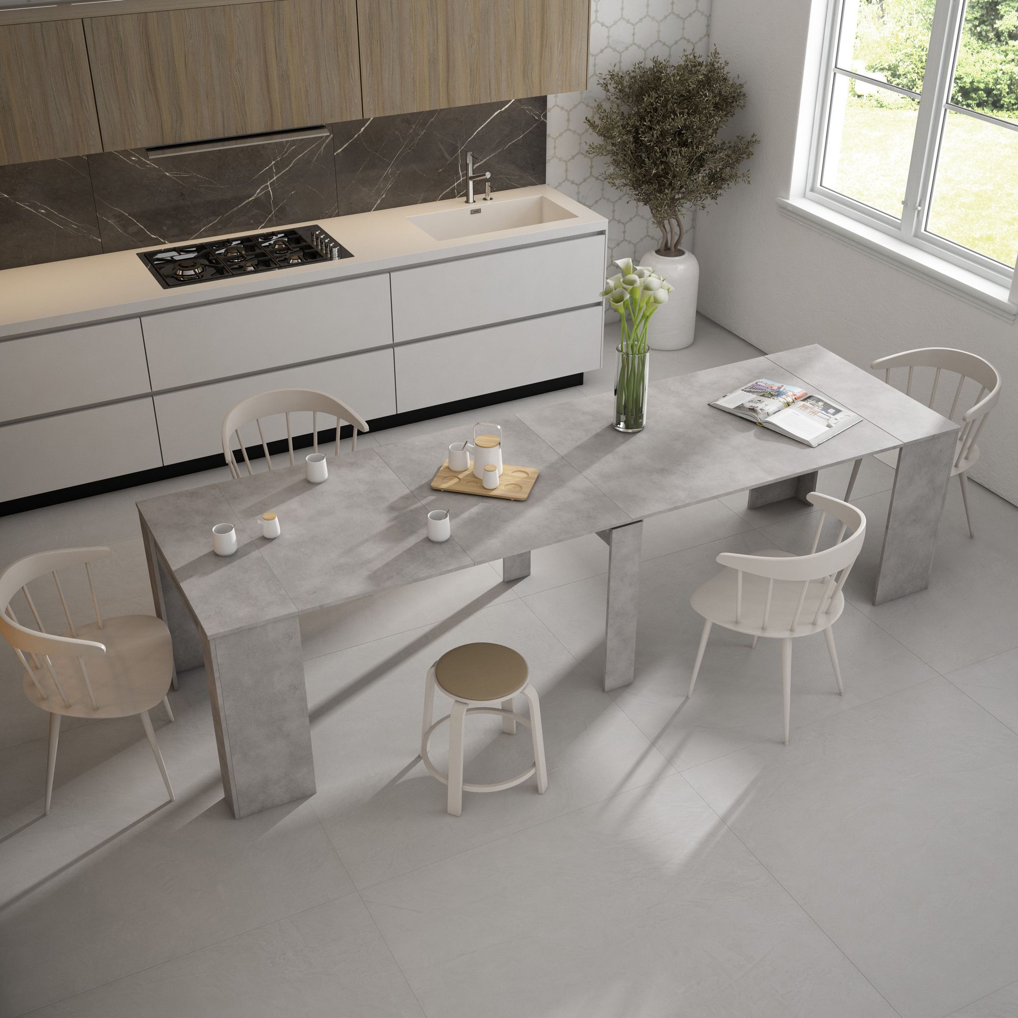 Ausziehbarertisch, 302x90x77cm, Für 14 Gäste, Esszimmertische, Zementgrau