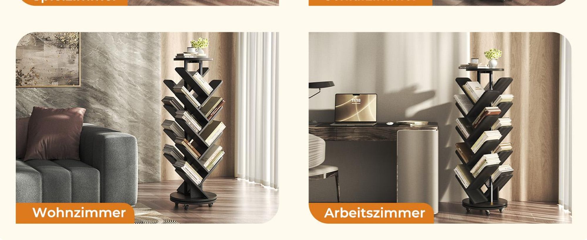 Drehbares Baum-Bücherregal Standregal Dekoregal mit 17 Ablagen, 360° Rotation, Lenkrollen mit Bremsen, Platzsparendes Standregal für Wohnzimmer Büro