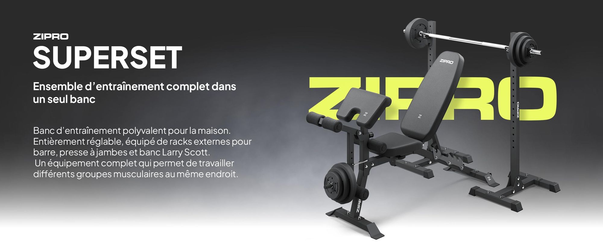 Ensemble banc de musculation Zipro Superset – Avec support pour haltères indépendant, pupitre à biceps et appareil d'entraînement pour les jambes inclus Banc inclinable et banc négatif réglables Capacité de charge jusqu'à 270 kg