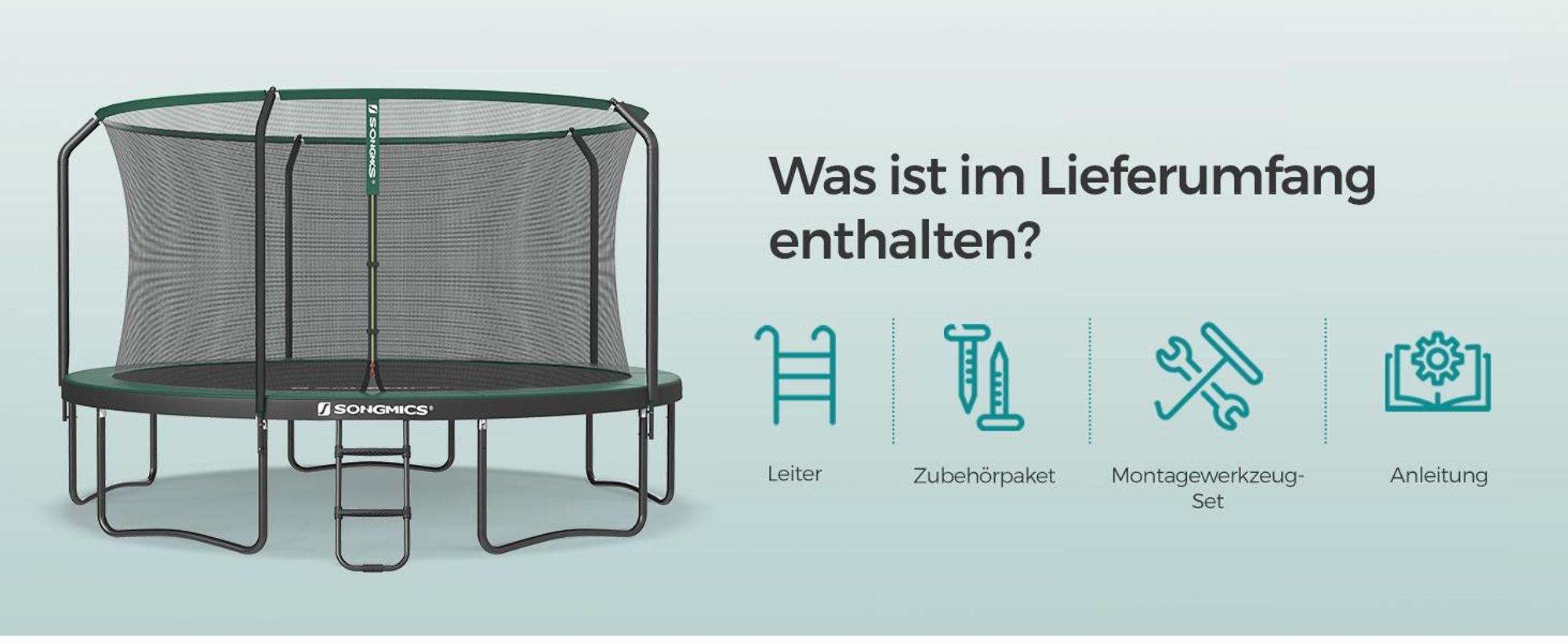 SONGMICSTrampolin Ø 427cm, Gartentrampolin mit Sicherheitsnetz, 180 cm hohe Stangen, Randabdeckung, Leiter, Stahlrahmen