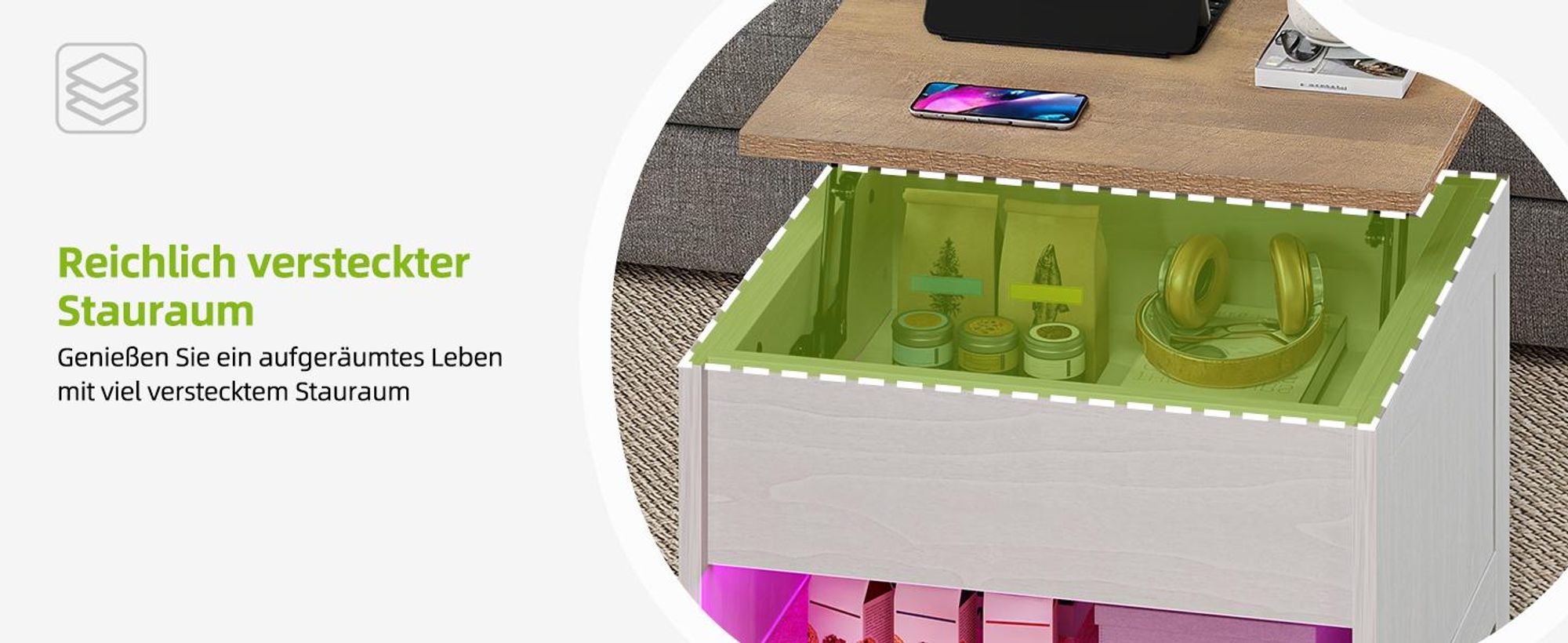 YITAHOME Couchtisch Beistelltisch Sofatisch, Hebeplatte Mit Stauraum, 60x60x45cm, Weiß+Braun