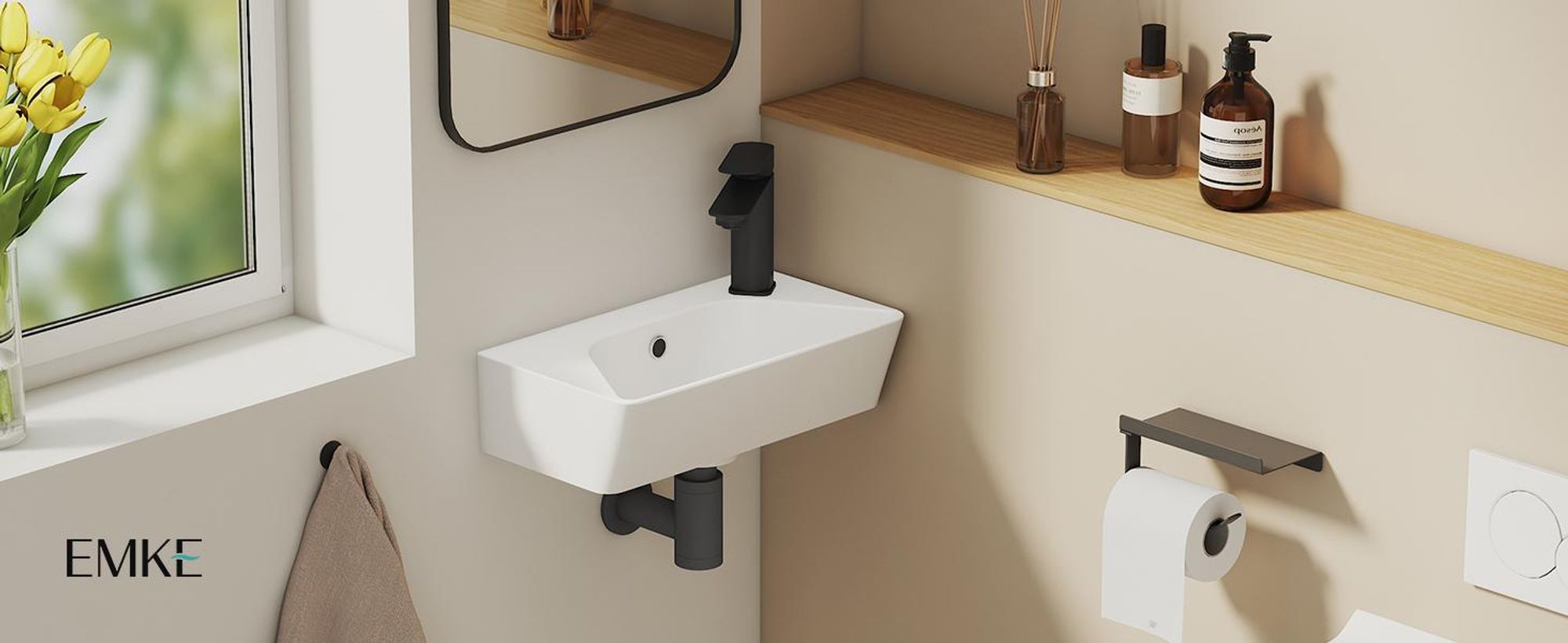 EMKE Umywalka ścienna ceramiczna prostokątna 400x225mm biały połysk Nowoczesna umywalka ścienna z otworem na baterię i przelewem do WC dla gości i małej łazienki