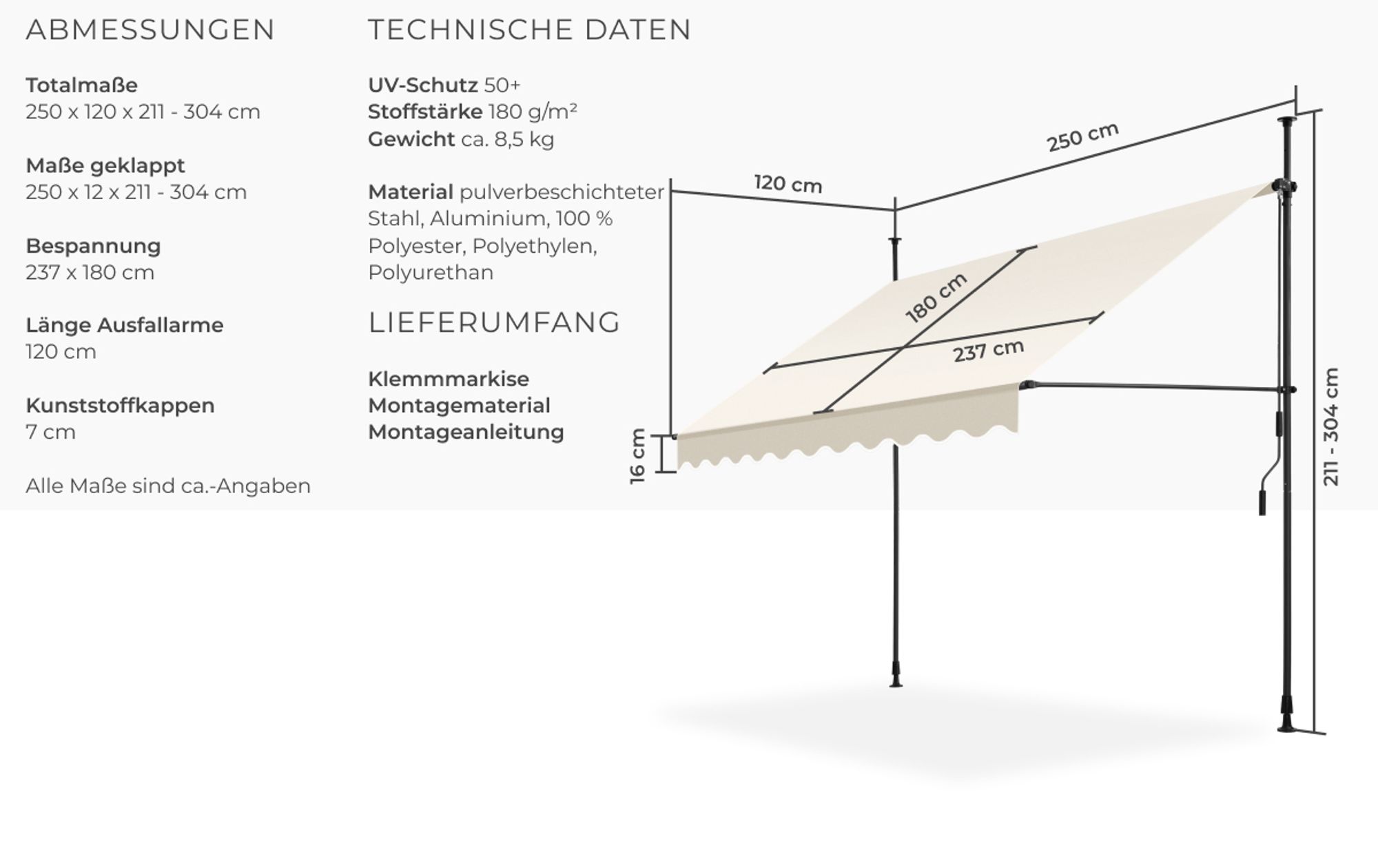 tectake® Klemmmarkise mit Handkurbel einfache Montage