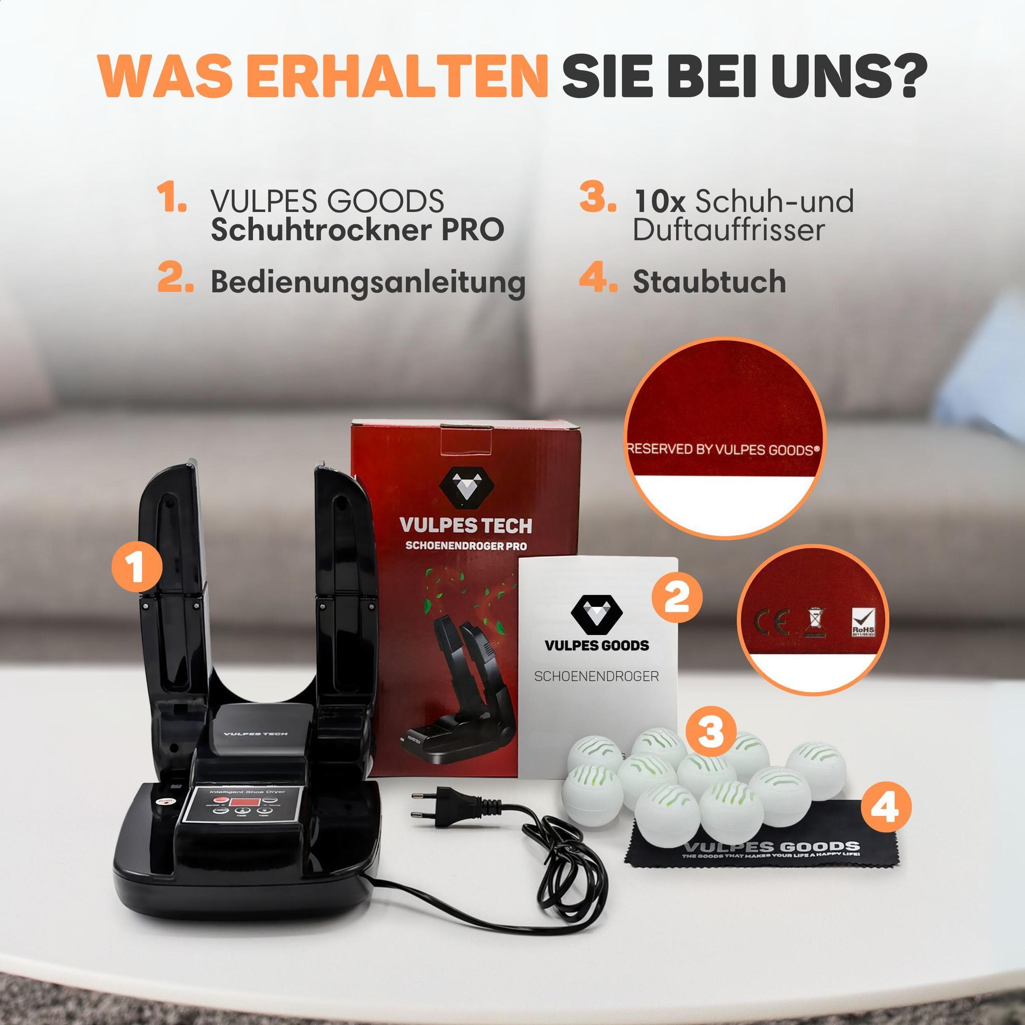 Vulpes Goods Pro Schuhtrockner elektrisch 30-Minuten-Schnelltrocknung | faltbarer Fußsohlenwärmer mit 10 Duftkugeln - Ozon-Funktion & Digitalanzeige