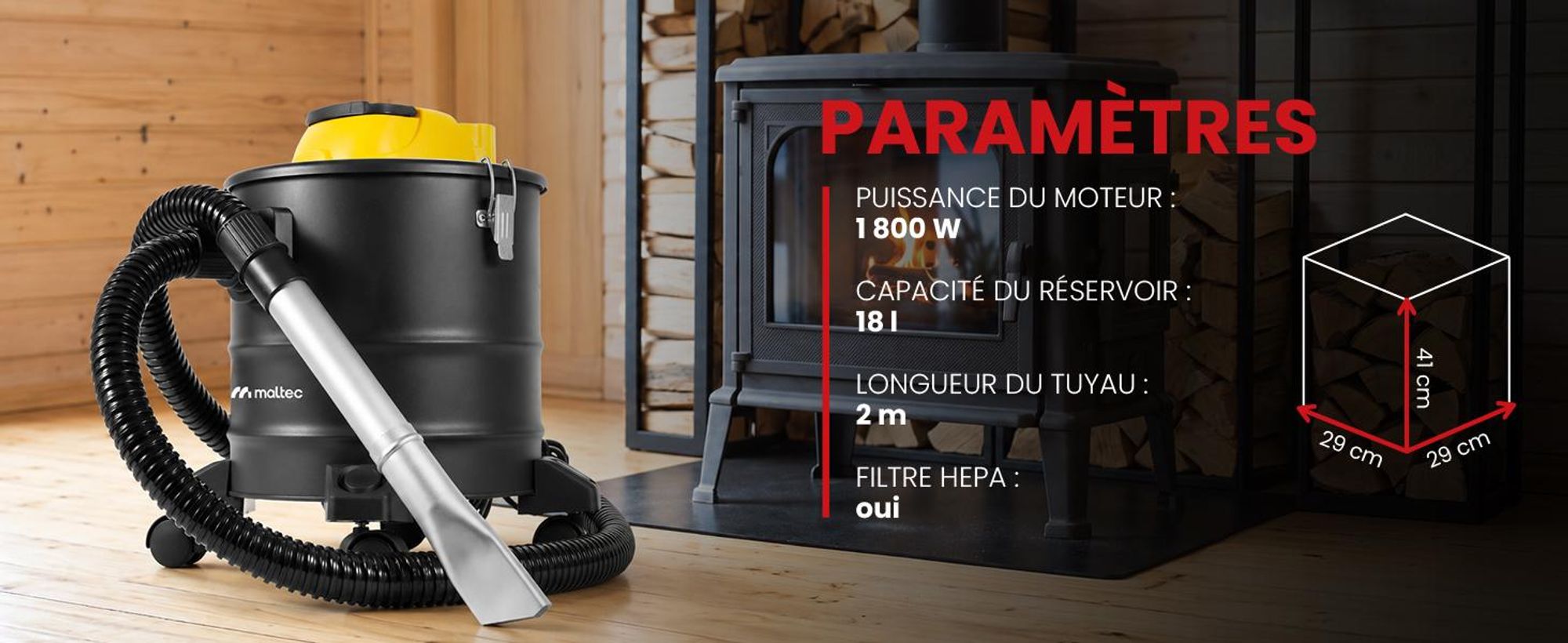 Aspirateur industriel MalTec ML1800-ASH Aspirateur industriel Aspirateur à cendres Aspirateur de cheminée 1800 W, 8 litres, pour le nettoyage intérieur et extérieur, adapté aux poêles