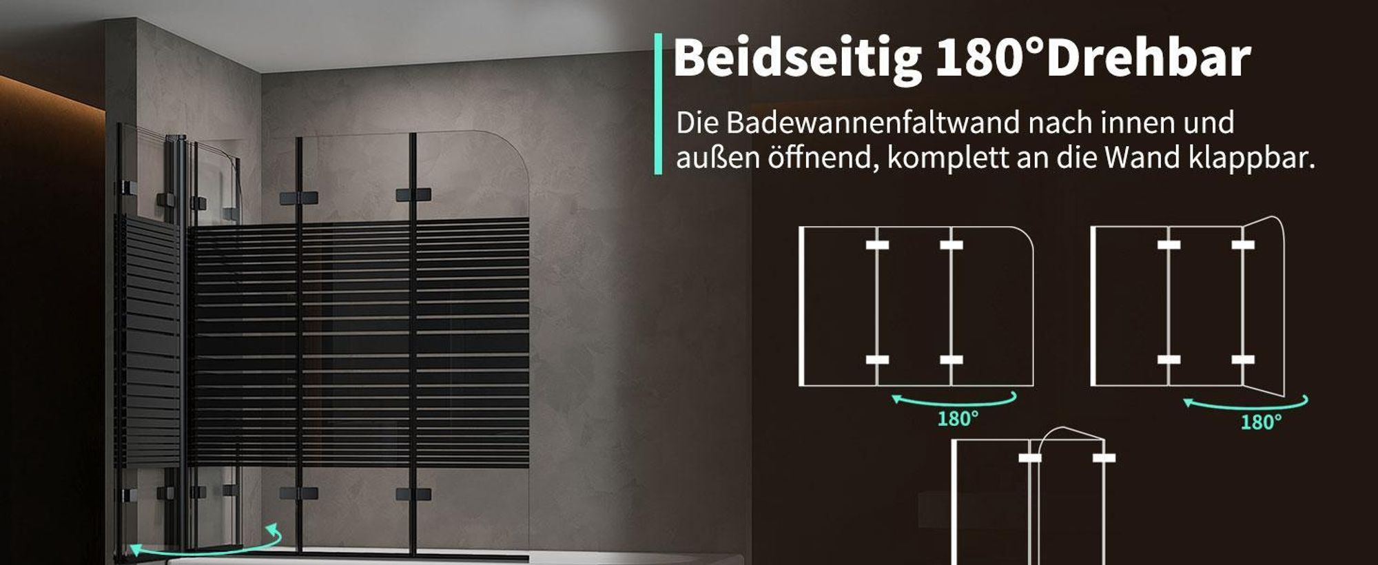 Duschabtrennung Faltbar Duschwand für Badewanne 140x140cm 3-Teilig Badewannenfaltwand Schwarz Badewannenaufsatz aus ESG GLAS Duschtrennwand, Streifen