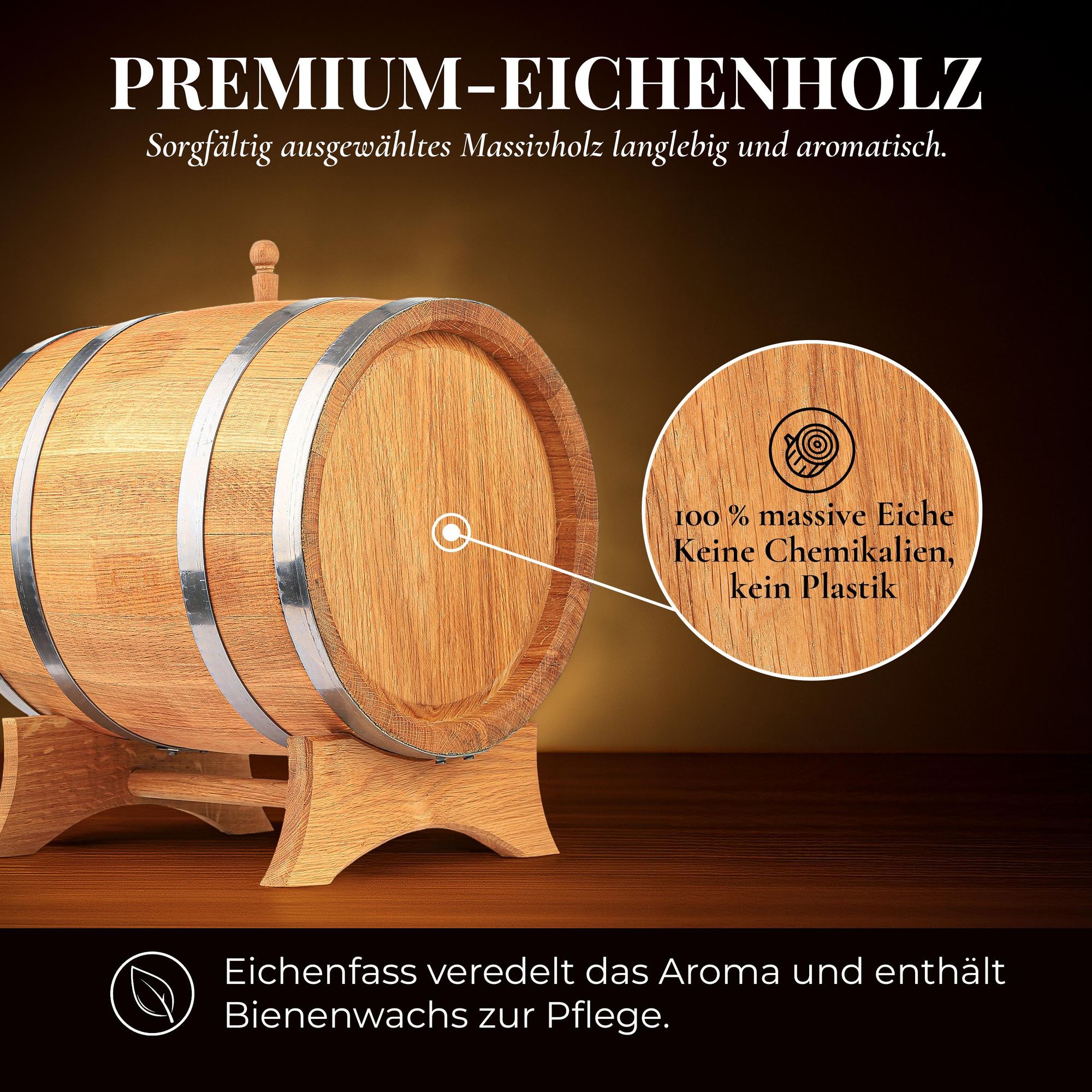 Eichenfass 50L aus Naturholz – Whiskyfass, Weinfass, Holz Fass Deko – Eiche hellbraun, mit Ständer und Zapfhahn – Geschenk für Bar & Zuhause