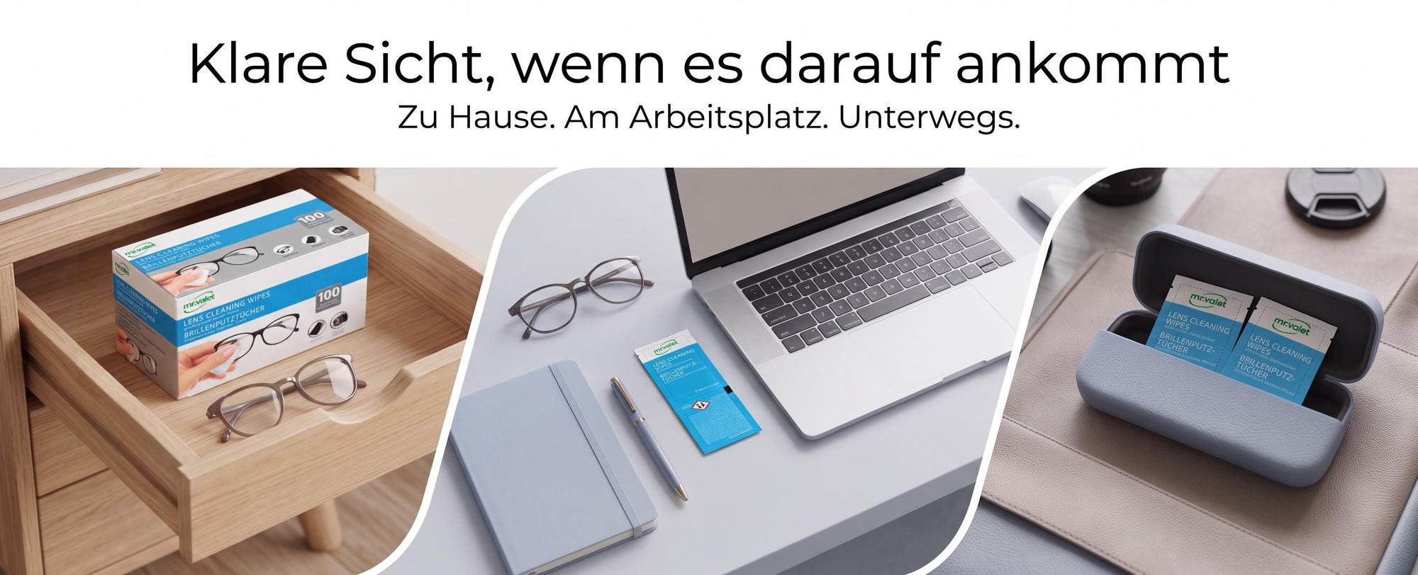 Anzeige für mr.valet Brillenputztücher: Szenen in Schublade, am Schreibtisch und im Etui.