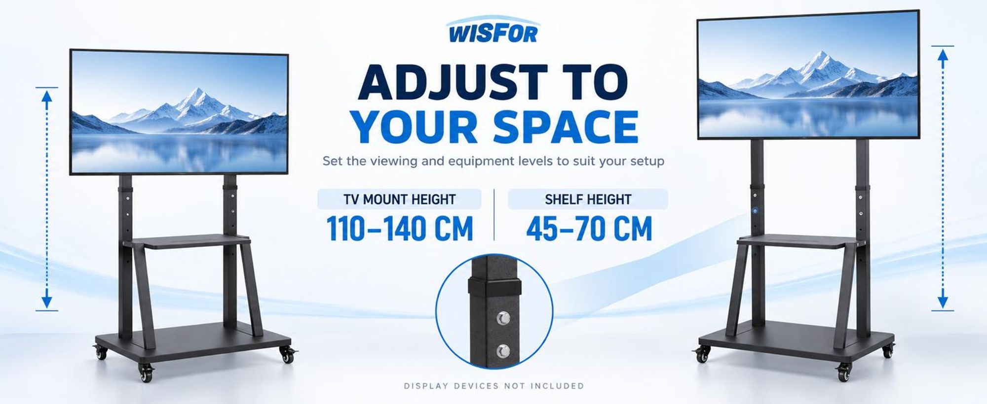 WISFOR EXTRA STABIL TV Ständer mit Rollen, 100" TV Standfuss Mobil Wagen, Höhenverstellbar Fernsehständer mit AV-Ablagen für 32"–100"