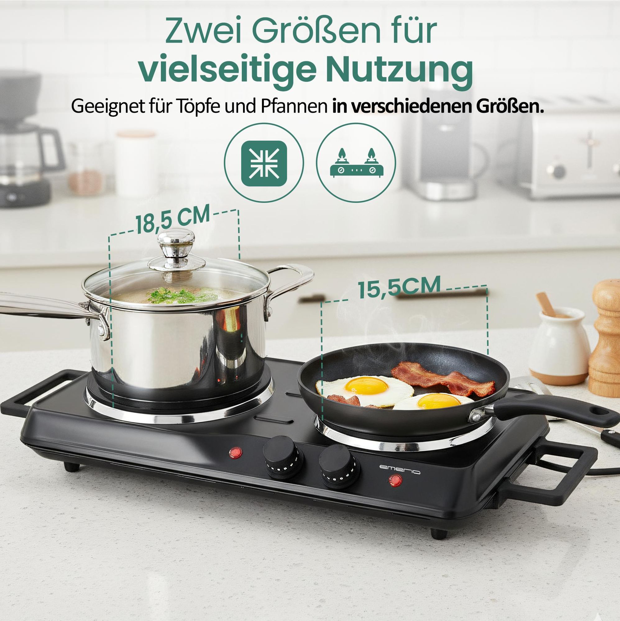 Emerio Elektrische Kochplatte – 2 Kochfelder – 2500 W – einstellbarer Thermostat – Kontrollleuchte – Ø 15,5 cm + 18,5 cm – HP-114482.7 – Schwarz