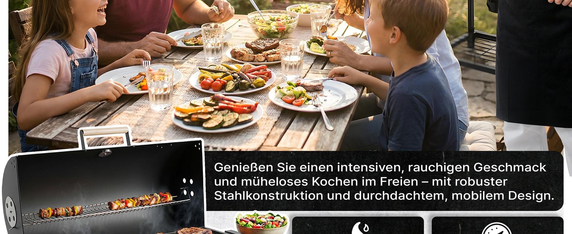 Grill & Chill Gartengrill, Holzkohlegrill - großer Chromrost 71×35 cm, Deckel, Aschekasten, Thermometer, Zwei Transporträder, GC0002