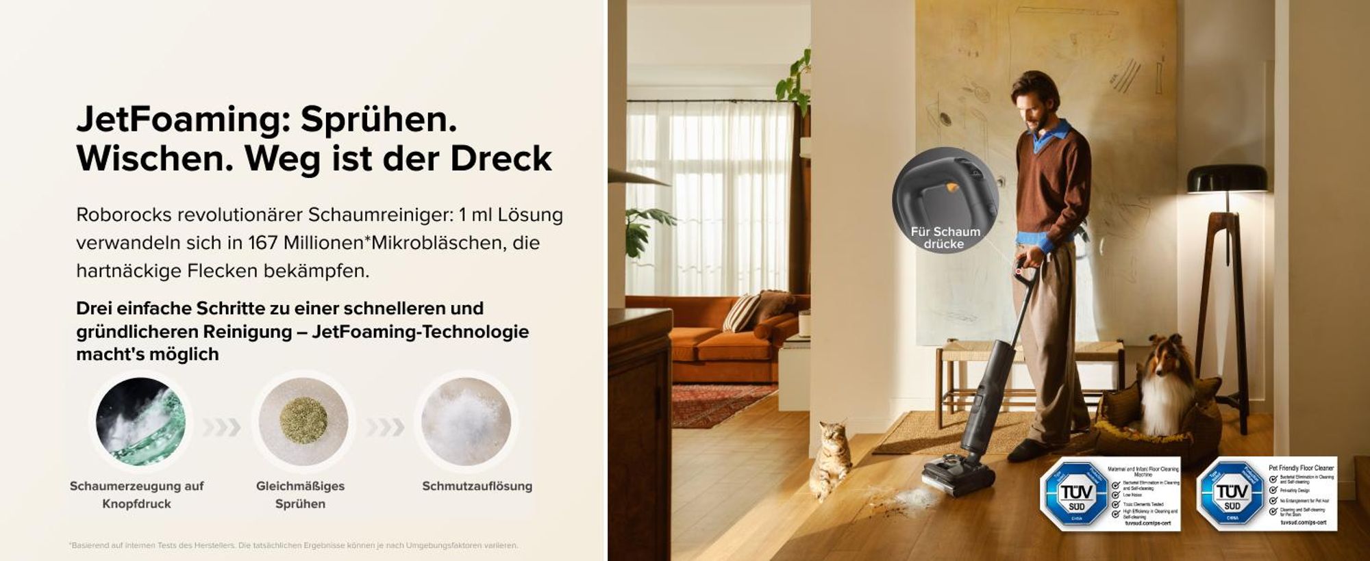 Roborock F25 ACE Pro Nass Trockensauger, 25000Pa, JetFoaming gegen Flecken, Anti-Haar-Verwicklung, 180° Flach-Design, Heißwasser-Selbstreinigung