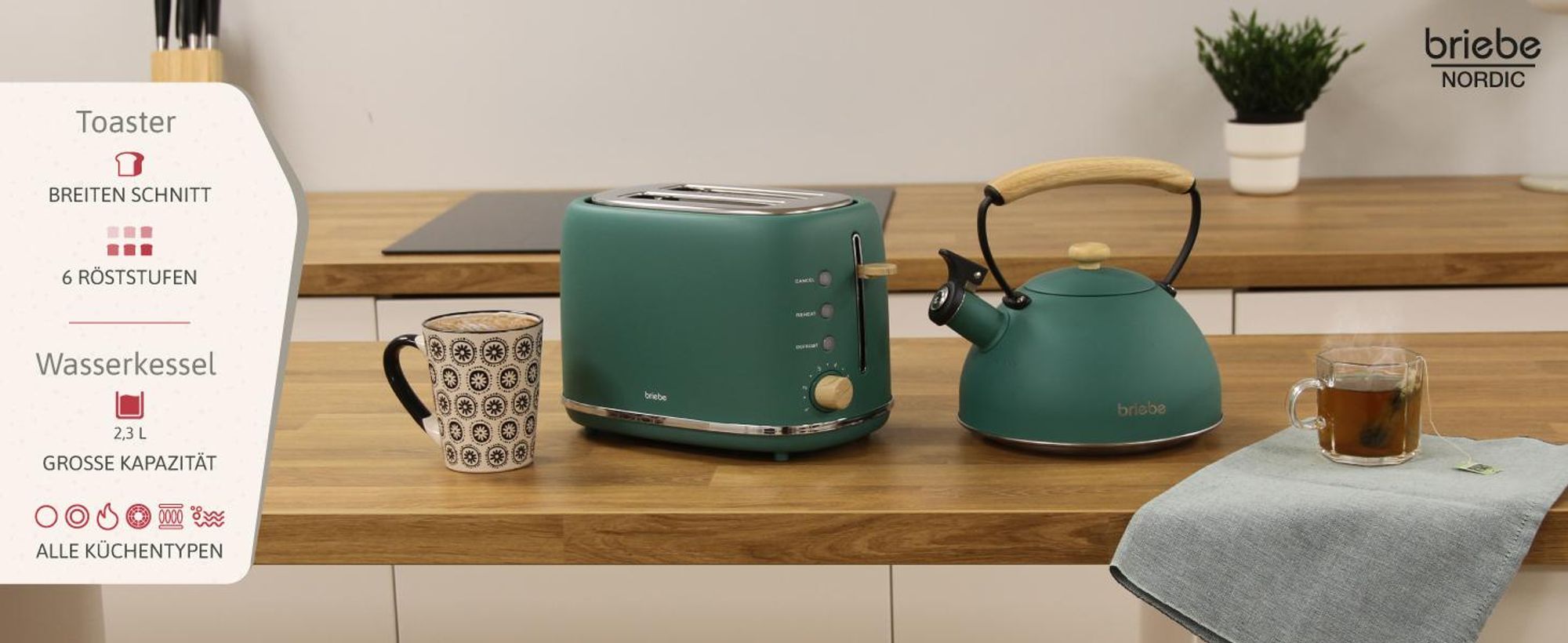 Briebe SKT1177GRE Nordic Set Toaster 2 Scheiben Breite Schlitze + Wasserkessel Induktion 2,3 L Grün