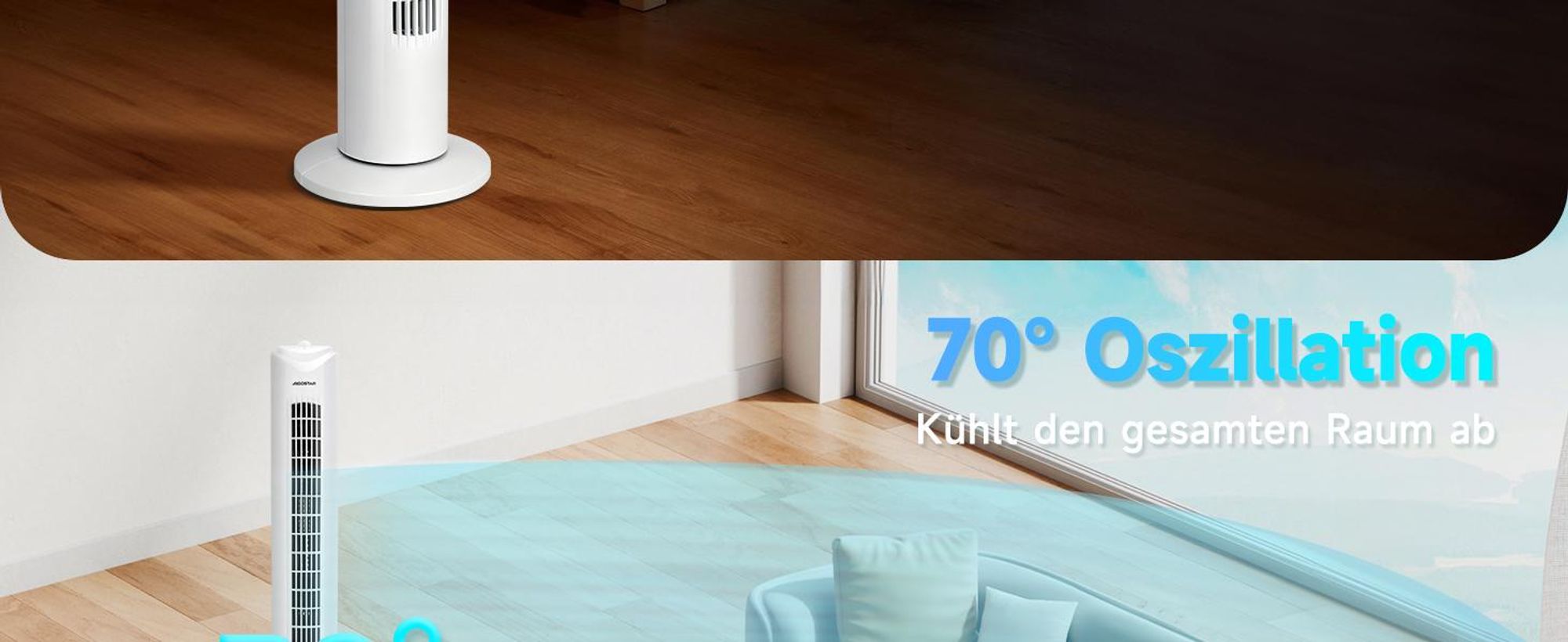 Aigostar Leiser Turmventilator 45W – Energiesparend, 3 Stufen, 70° Oszillation, 2H-Timer