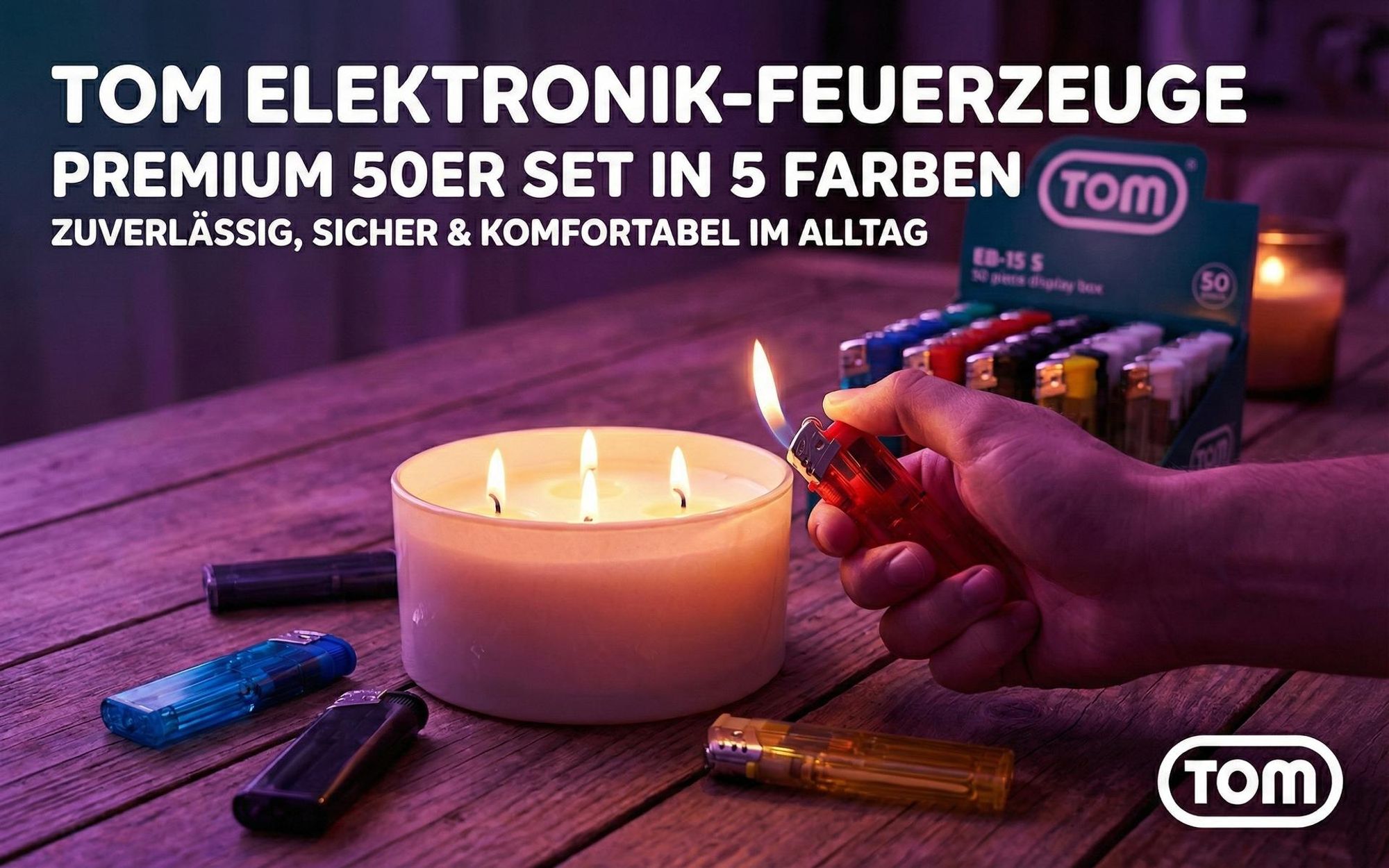 TOM Elektronik Feuerzeuge | Display | 50 Stück | Nachfüllbar | 5 Farben | Soft Flame | Elektronisch