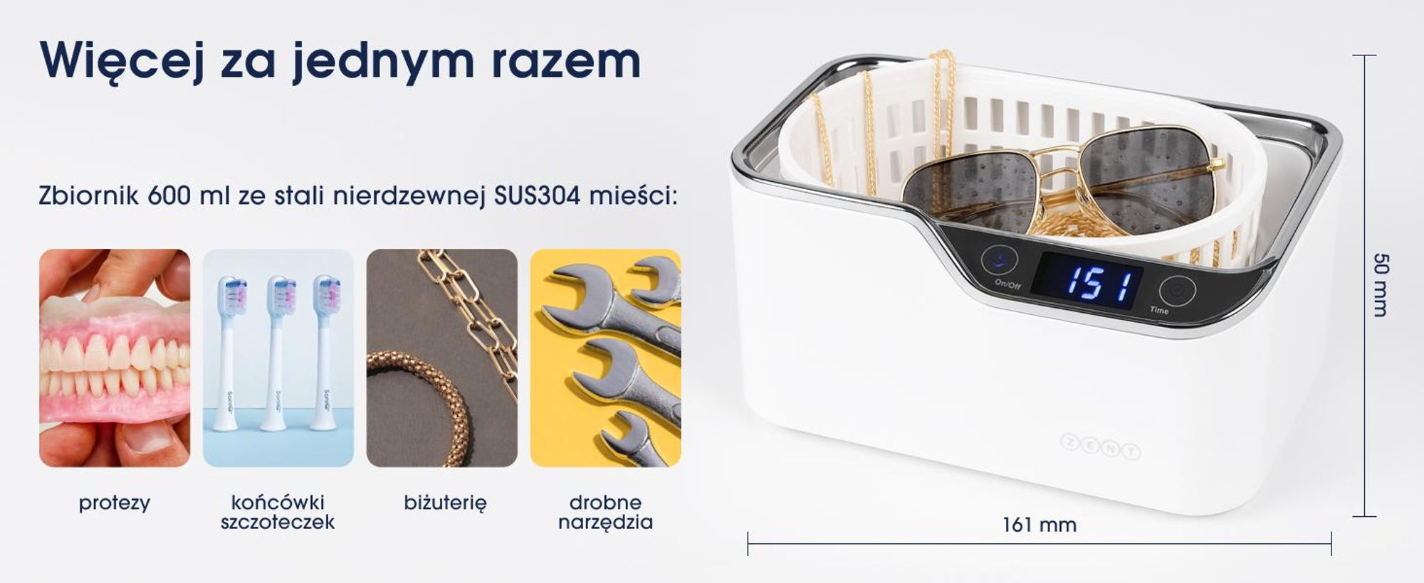 ZENT Myjka Ultradźwiękowa 600ml do Okularów, Nakładek ortodontycznych, Protez, Biżuterii, Energooszczędna, Biała