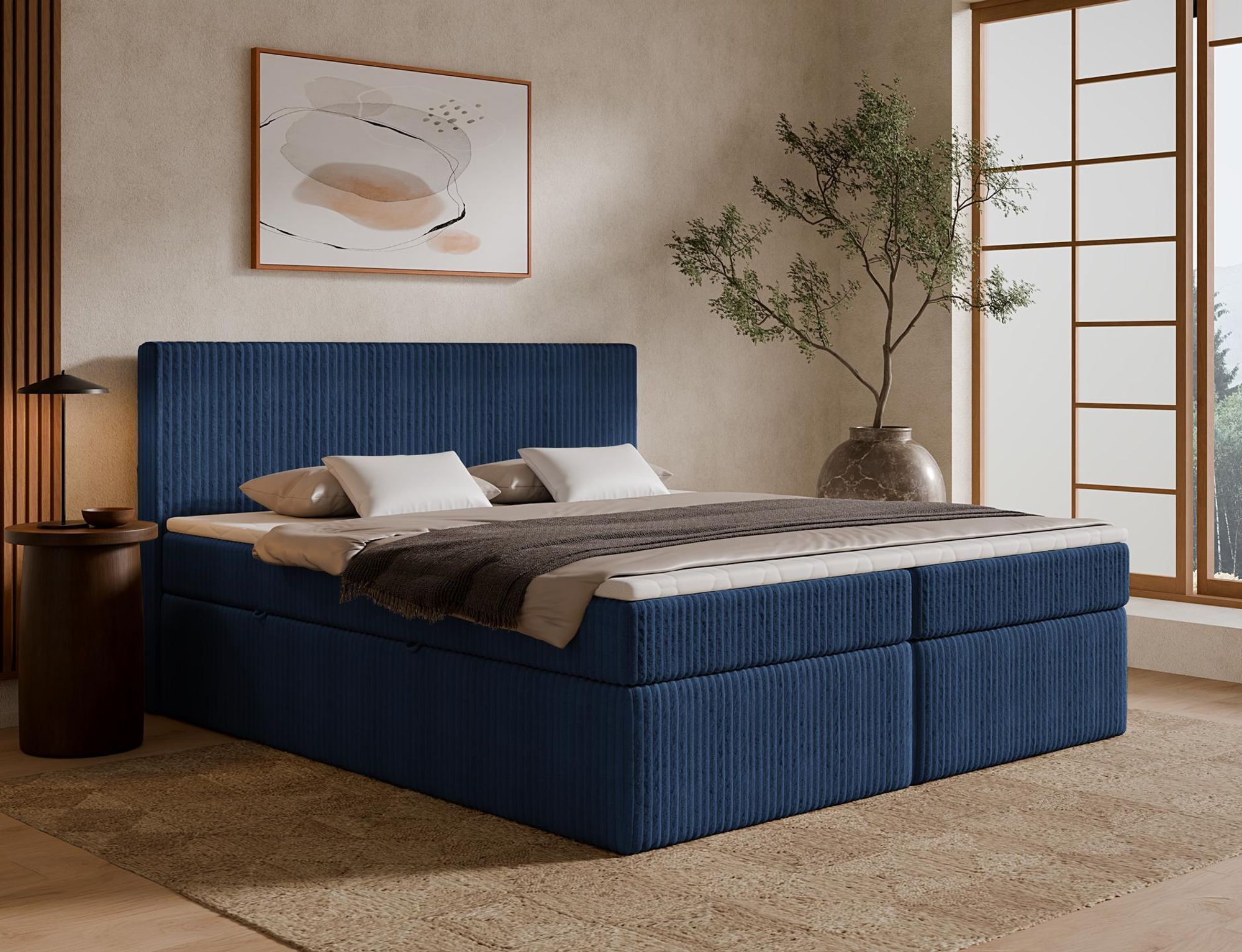 Boxspringbett TILIA ONE in Blau mit Bettkasten und Topper