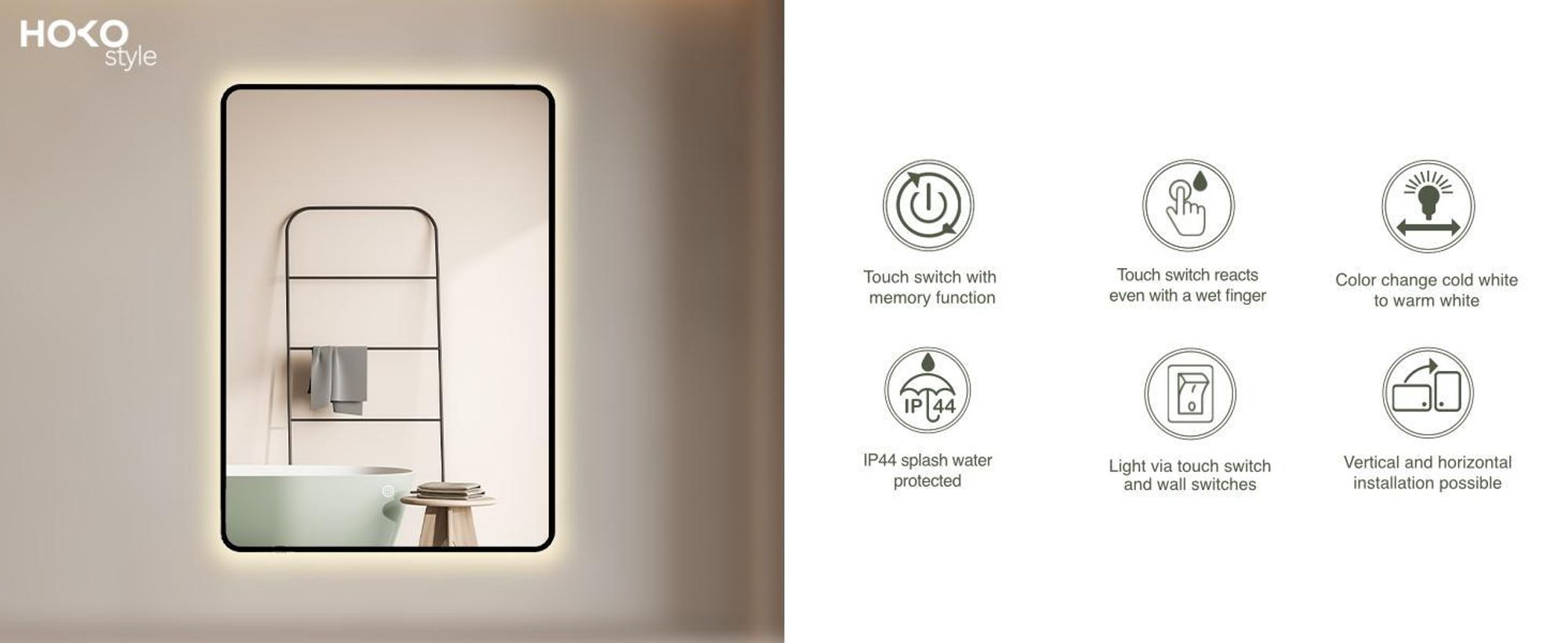 HOKO Miroir de salle de bain 50x70/70x50 cm avec cadre métallique noir+interrupteur tactile+lumière alternant blanc chaud/blanc froid/neutre 2700-6500K. Alabama
