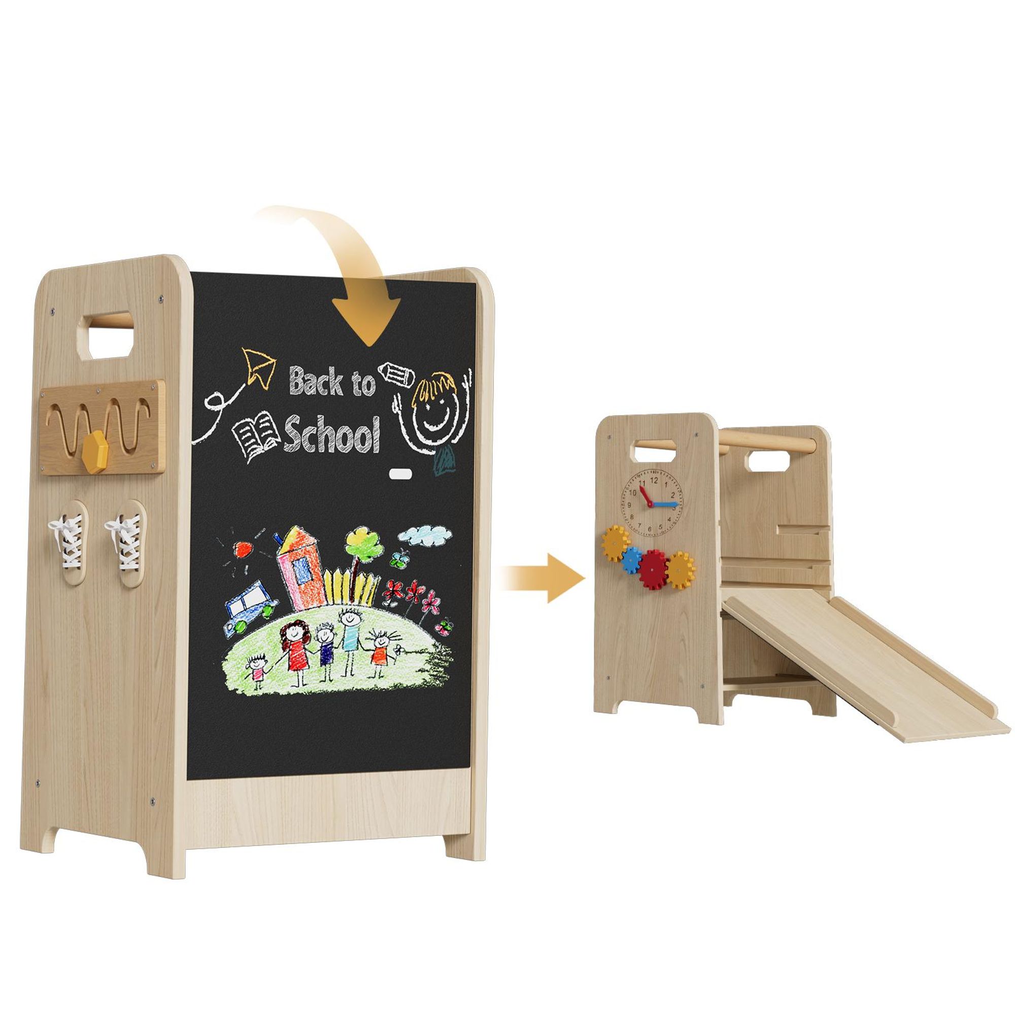 Montessori Lernturm 4-in-1 aus Holz, Höhenverstellbarer Learning Tower mit Rutsche, Tafel & Sicherheitsbügel, Kippsicherer Küchenhelfer für Kinder