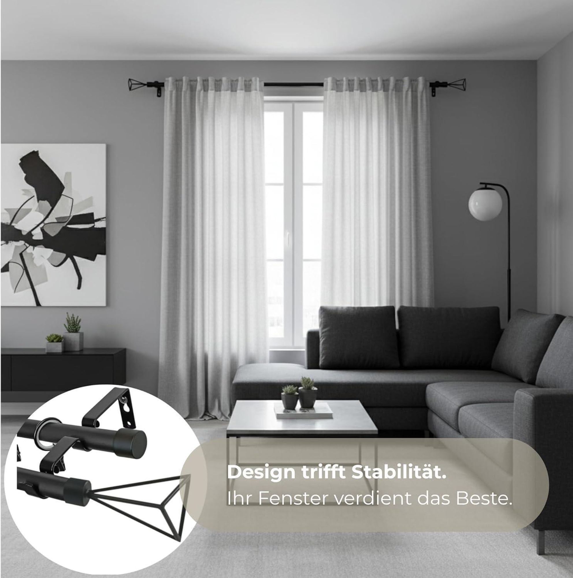 LOFT 140 cm Doppelte Gardinenstange Schwarz 19 mm aus Metall mit Endstück Basic Komplettset mit Ringen und Clips Inklusive Montagezubehörset