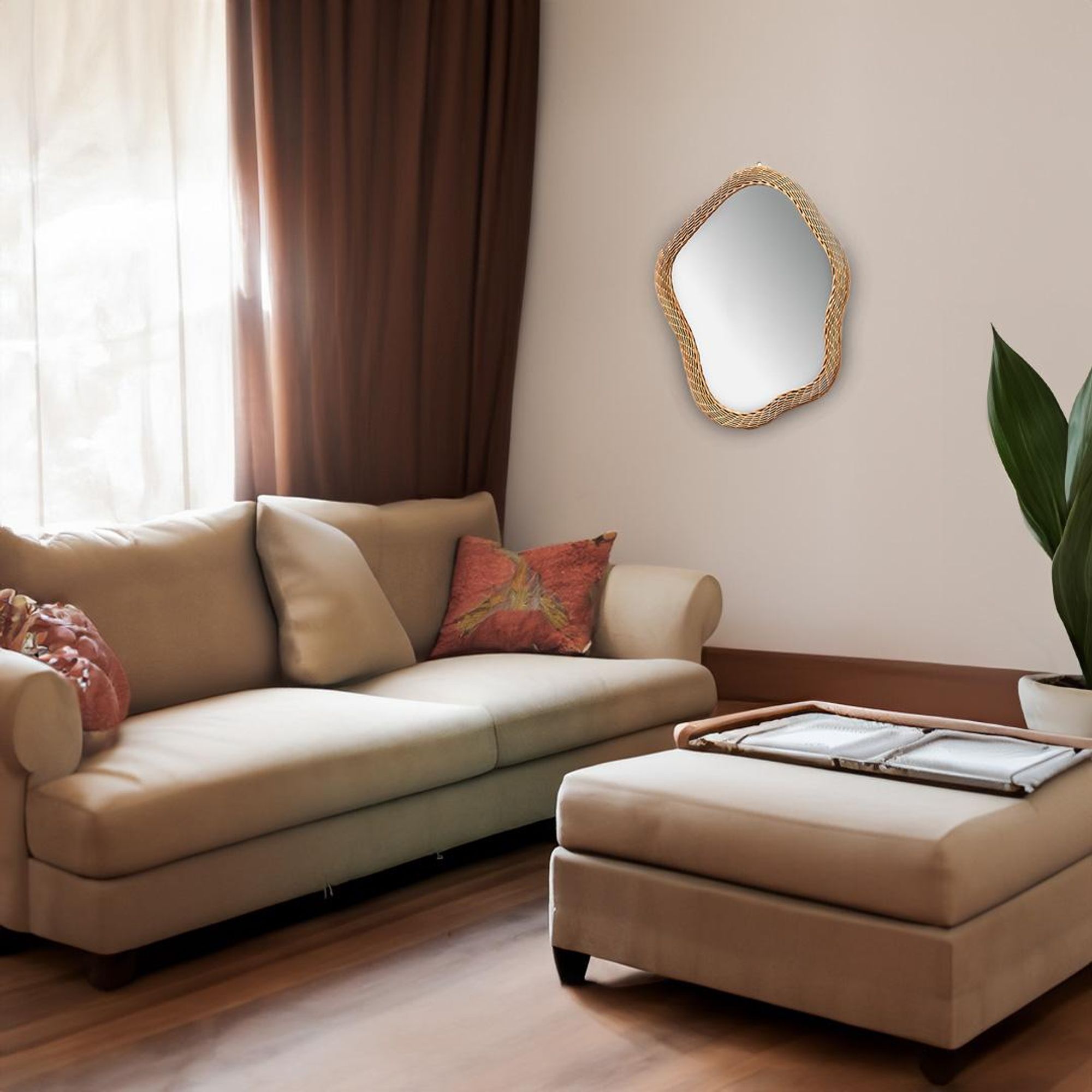 Kobolo Spiegel Wandspiegel LUCA mit Rahmen aus Weide natur braun - Asymmetrisch modern Dekoration Dekospiegel hängend Garderobe Schminkspiegel rund