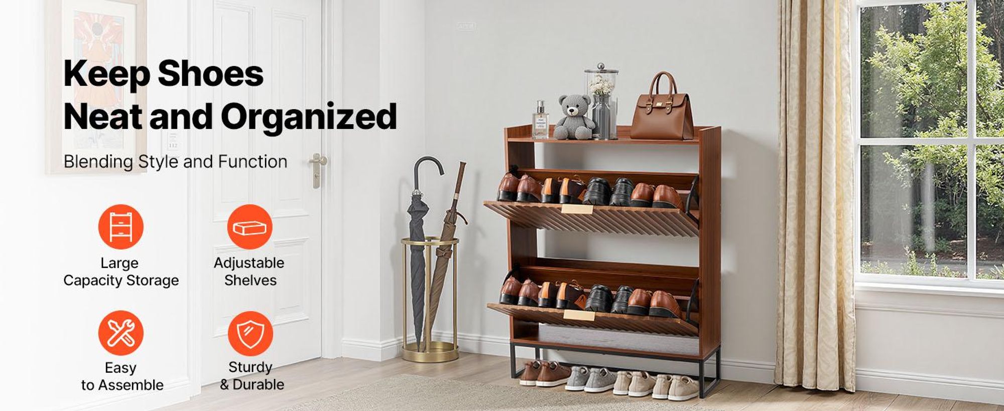 VEVOR Schuhschrank mit 2 Klappen, platzsparender Schuhkipper & Kippschutz, freistehender Schuhregal-Organizer für den Eingang Flur Wohnzimmer Veranda, Schuhregal 80 x 24 x 100 cm Braun