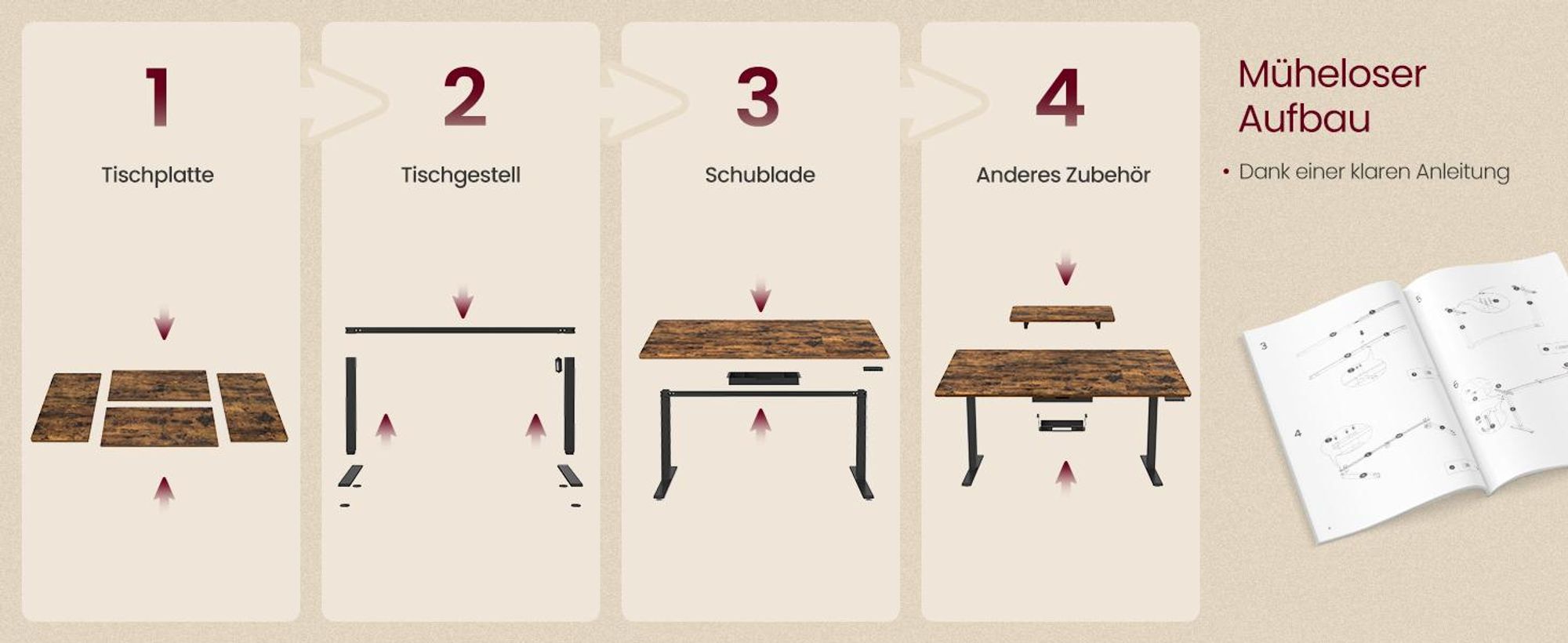 VASAGLE Höhenverstellbarer Schreibtisch, 140 cm, USB-C-Anschluss, Erinnerung bei langem Sitzen, flexibel montierbarer Monitorständer