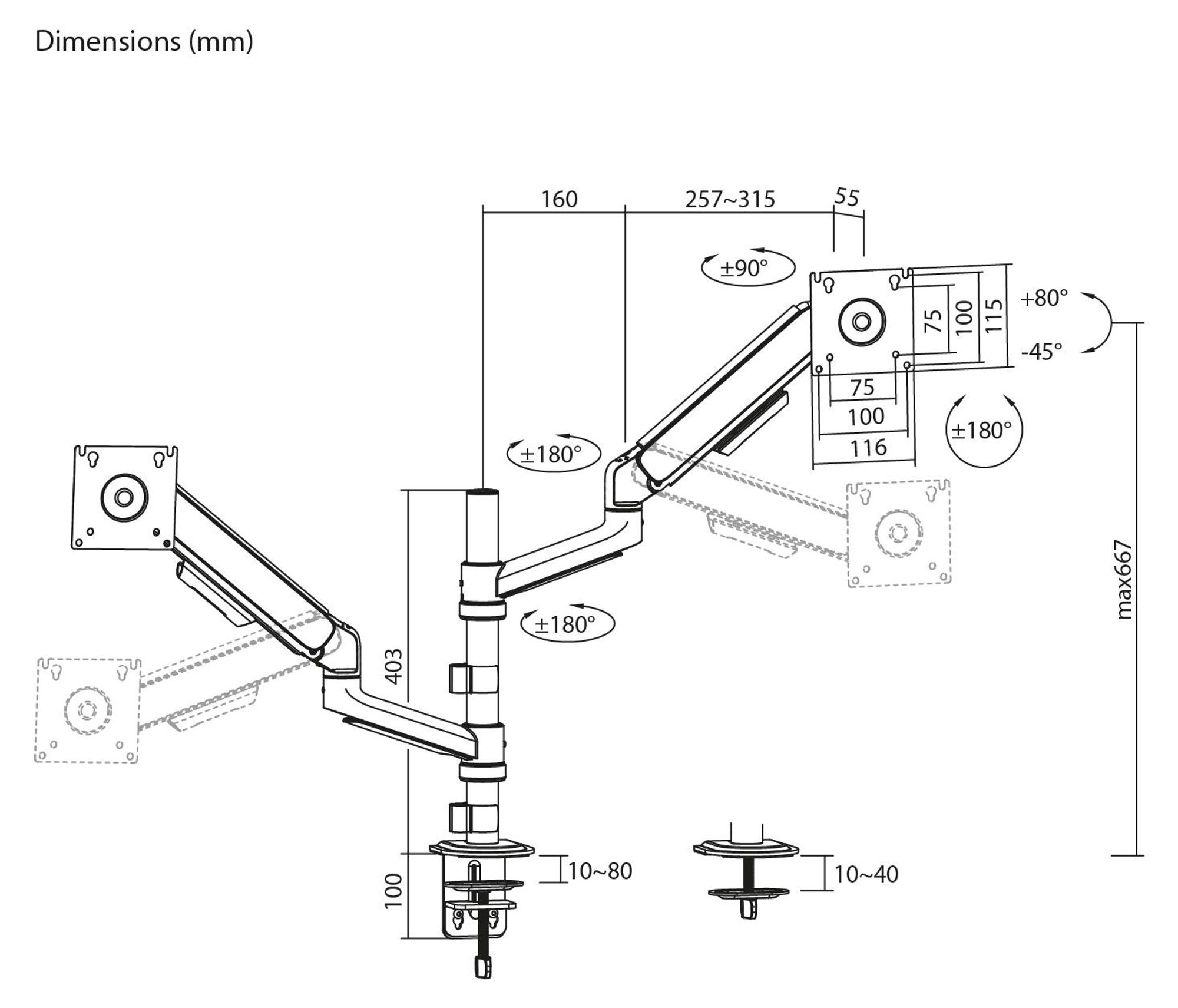 Ergo Office-Halterung/Aufhängung für 2 Monitore Gasfeder, 17"-32" 1-10 kg mattweiß ER-692 W