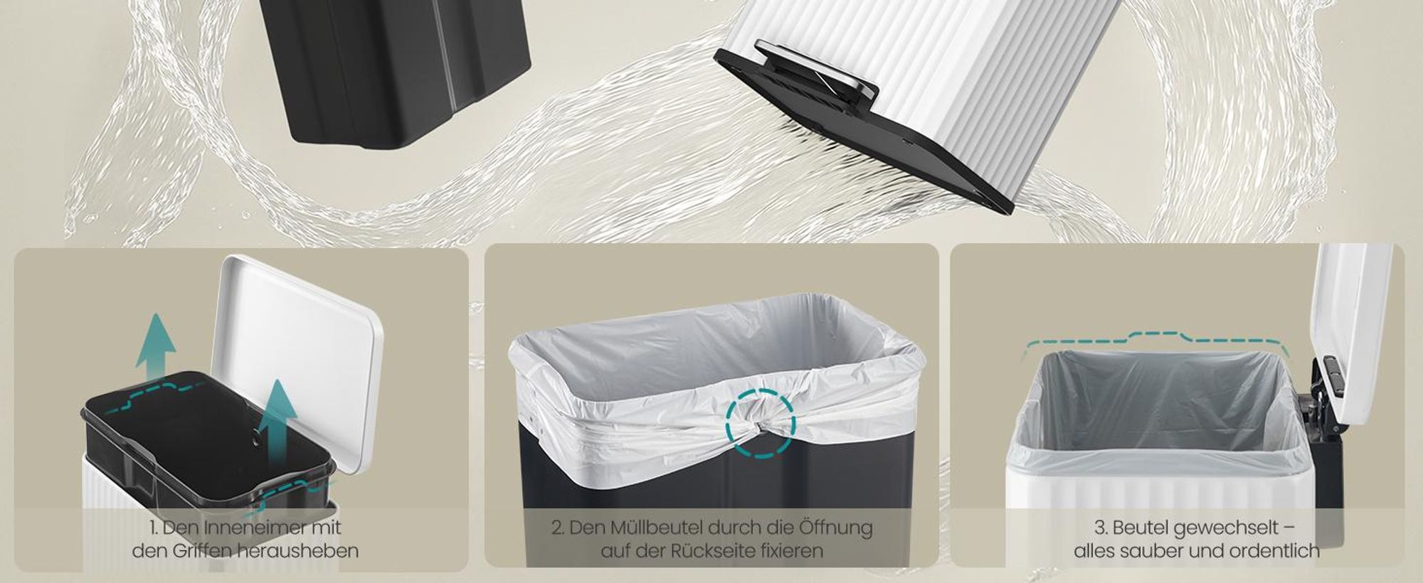 Abfalleimer für Küche, Mülleimer aus Stahl, mit Deckel und herausnehmbarem Inneneimer, Softclose, 50 Liter, weiß