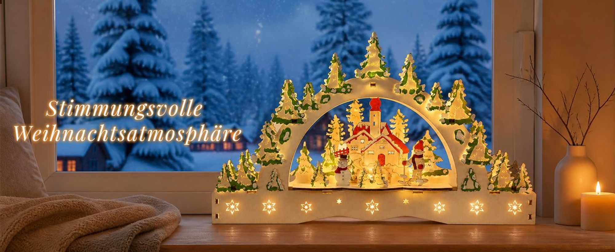 Salcar Holz Schwibbogen Weihnachtsdorf, 3D Lichterbogen 32cm mit 13 LED Beleuchtung Batterie Weihnachten Advent Winter Tisch und Fenster Deko