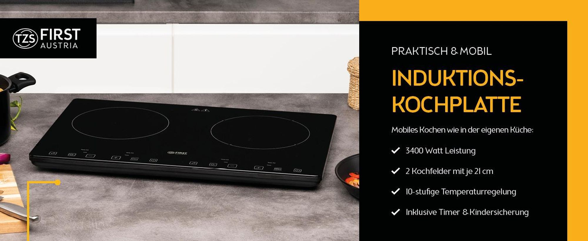 TZS First Austria - Induktionskochplatte 3400W doppelt - 10 Temperaturstufen & Timer - Slim Design, Touch Control