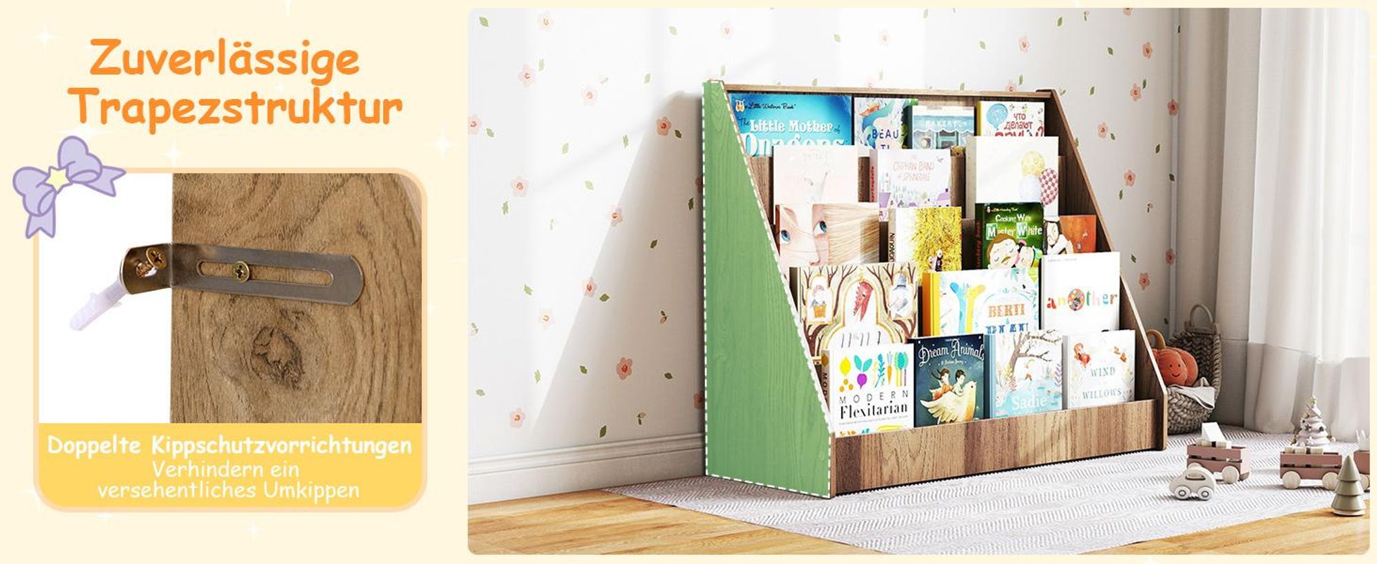 COSTWAY Kinderregal mit 5 Fächern, Bücherregal für Kinder, Zeitungsständer aus Holz, Aufbewahrungsregal für Kinderzimmer, 91 x 38 x 76,5 cm (Natur)
