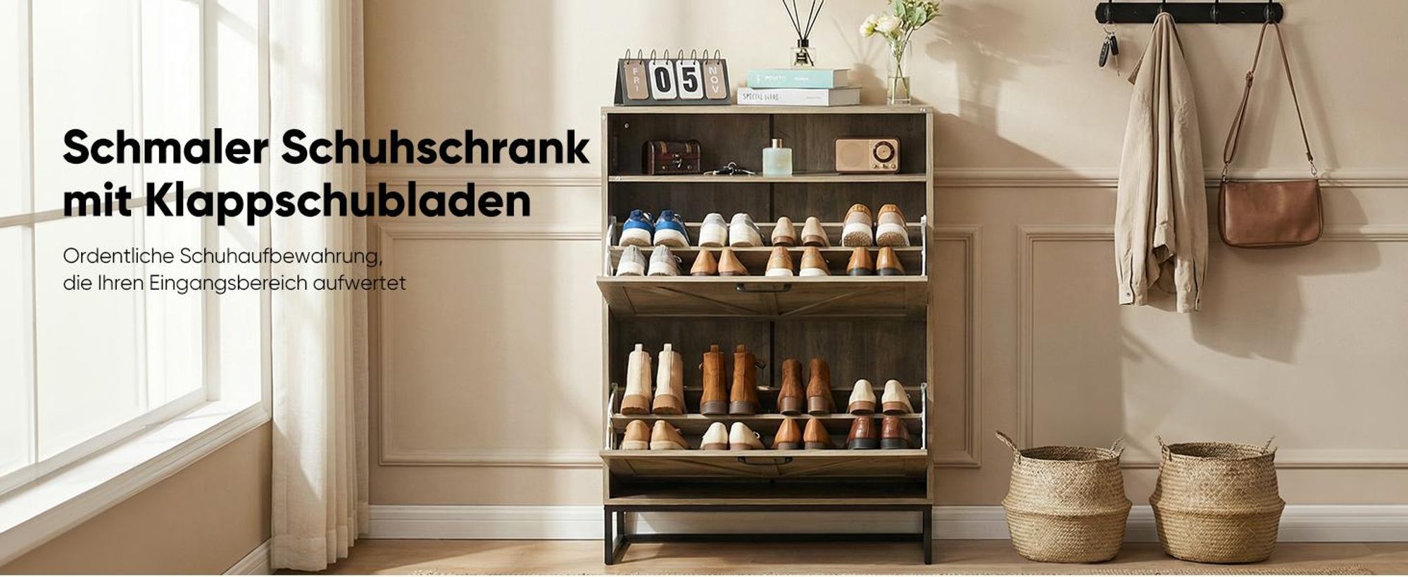 HOKEEPER Schuhschrank 2 Klappen, Schuhkipper, Shoe Cabinet, freistehendes schmales Schuhregal, Schuhkommode für Eingangsbereich, Landhausstil