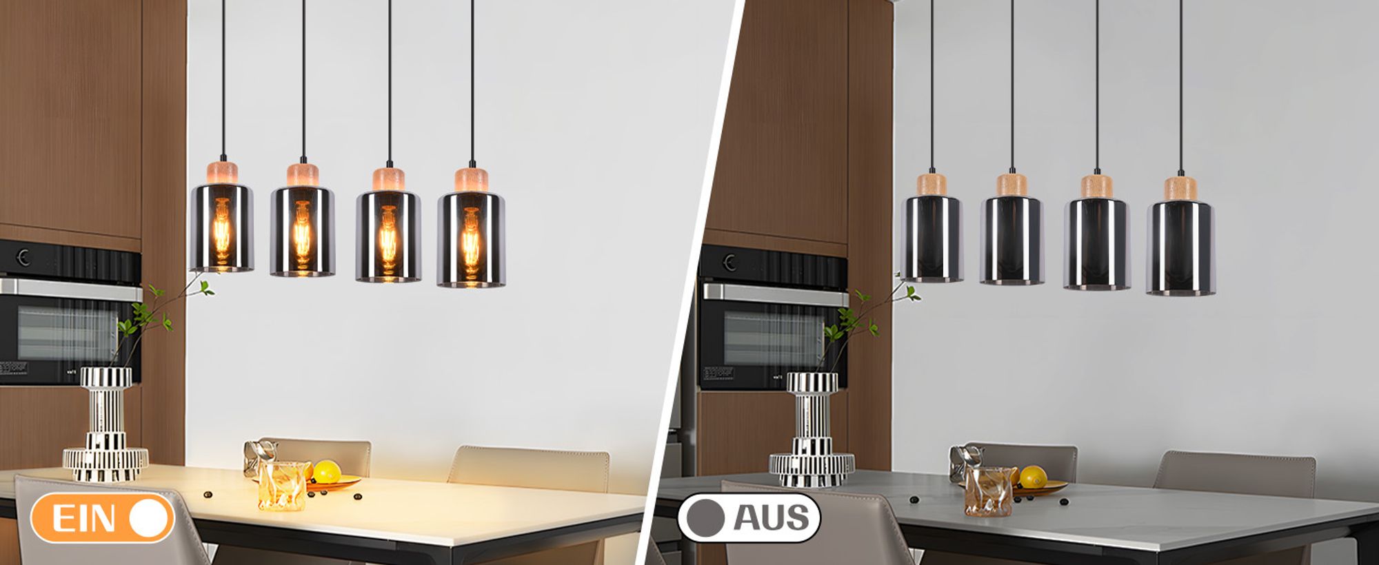 ZMH Pendelleuchte 4 flammig  Holz Hängelampe E27 Vintage hängend retro Hängeleuchte Rauchglas Pendellampe für Esszimmer Küche Ohne Leuhctmittel