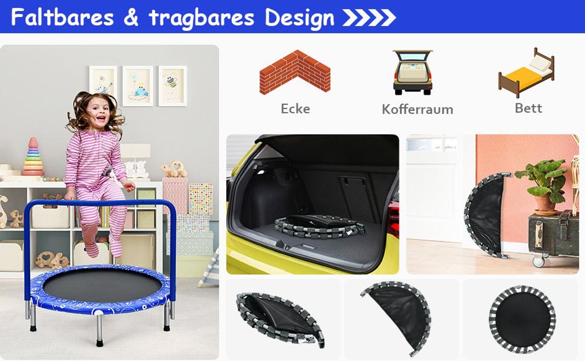 COSTWAY φ92cm Mini Trampolin, Fitness Trampolin faltbar, Kindertrampolin bis 150kg belastbar, Gartentrampolin, Indoor- und Outdoortrampolin