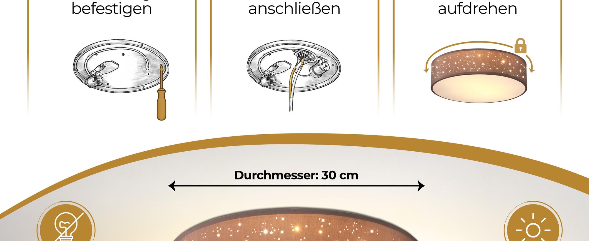 MONZANA® Deckenlampe Sternenhimmel Wohnzimmer Schlafzimmer E27 Taupe Rund 30cm Stoffschirm 1-Flammig 40W Küche Lampe Deckenleuchte Stoffdeckenlampe